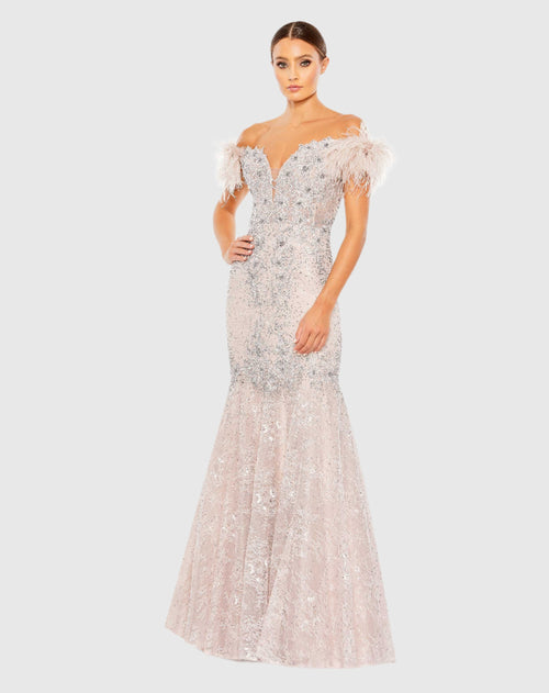 Feathered Crystal Embellished Sleeveless Gown