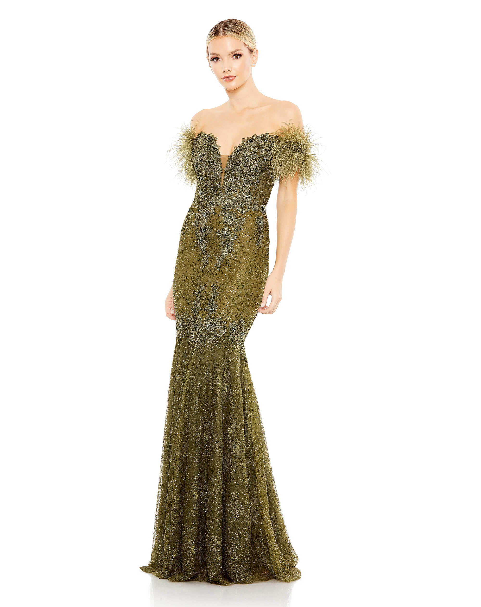 Feathered Crystal Embellished Sleeveless Gown