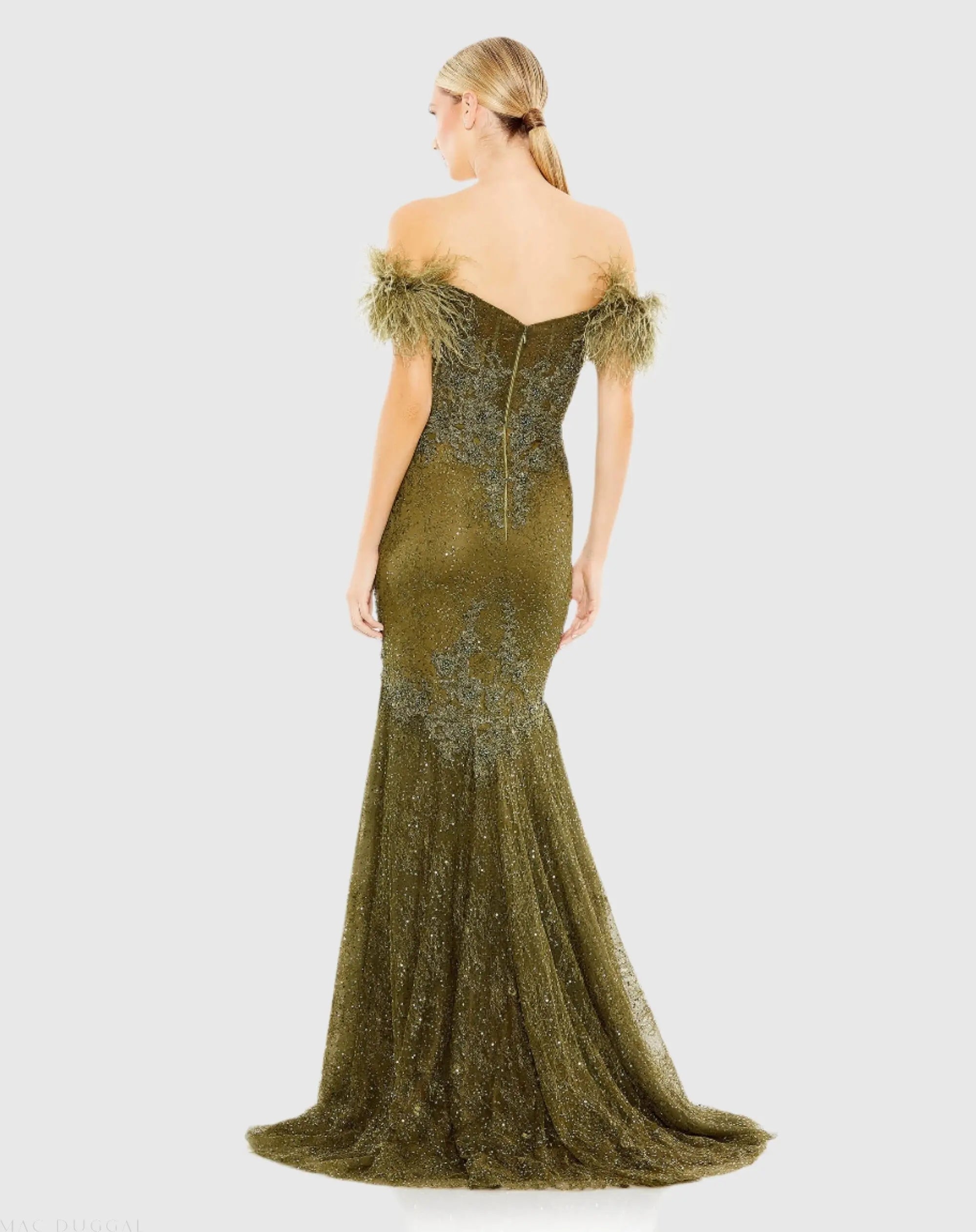 Green Feathered Crystal Embellished Sleeveless Gown - Mac Duggal
