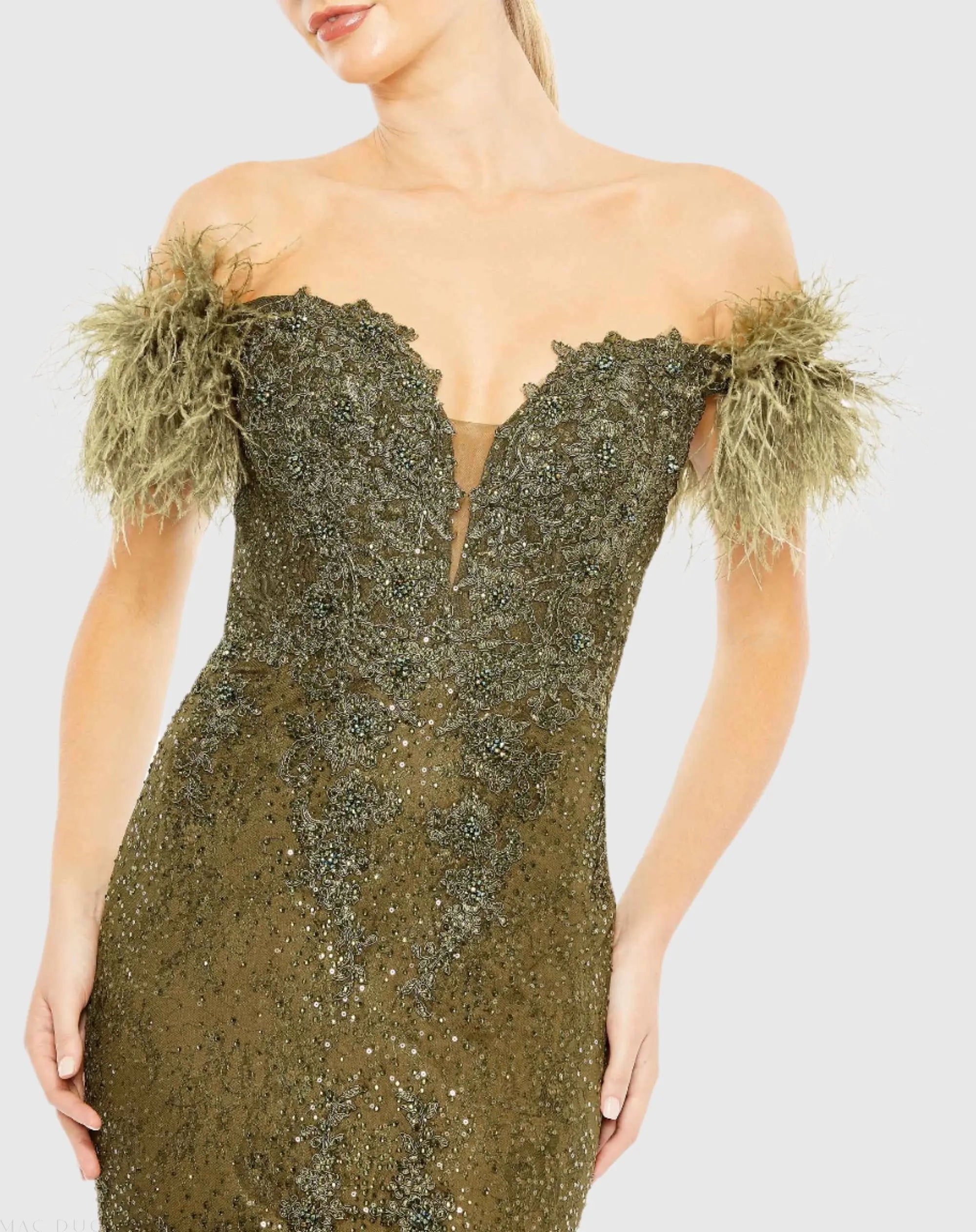 Green Feathered Crystal Embellished Sleeveless Gown - Mac Duggal