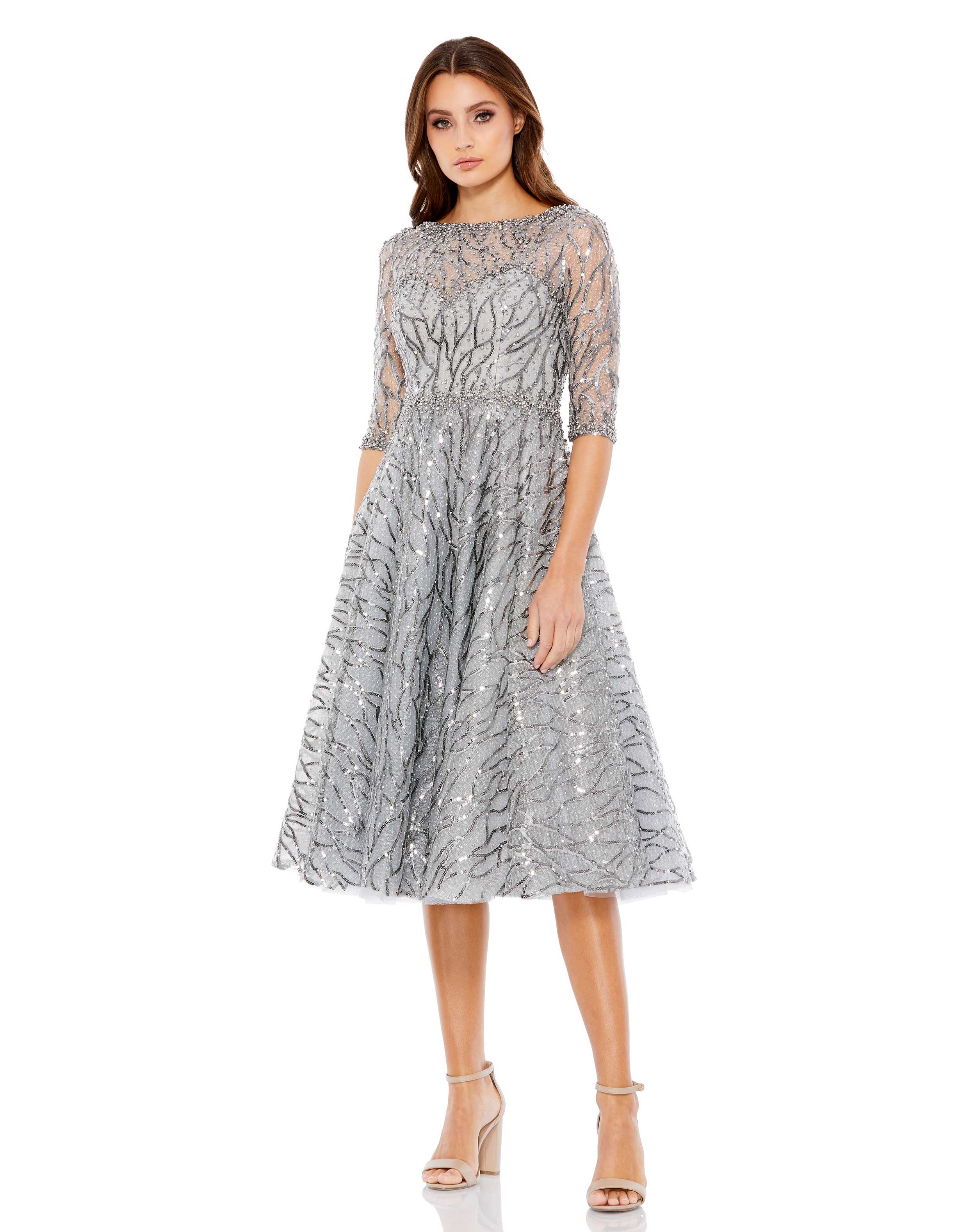 High Neck Above Elbow Sleeve Embellished A Line Dress – Mac Duggal