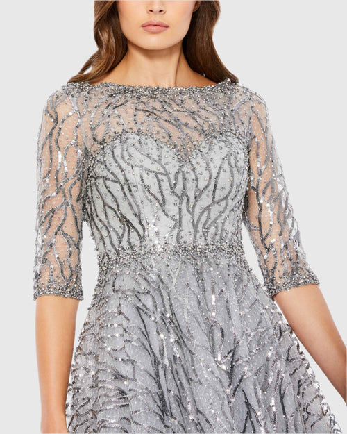 High Neck Above Elbow Sleeve Embellished A Line Dress