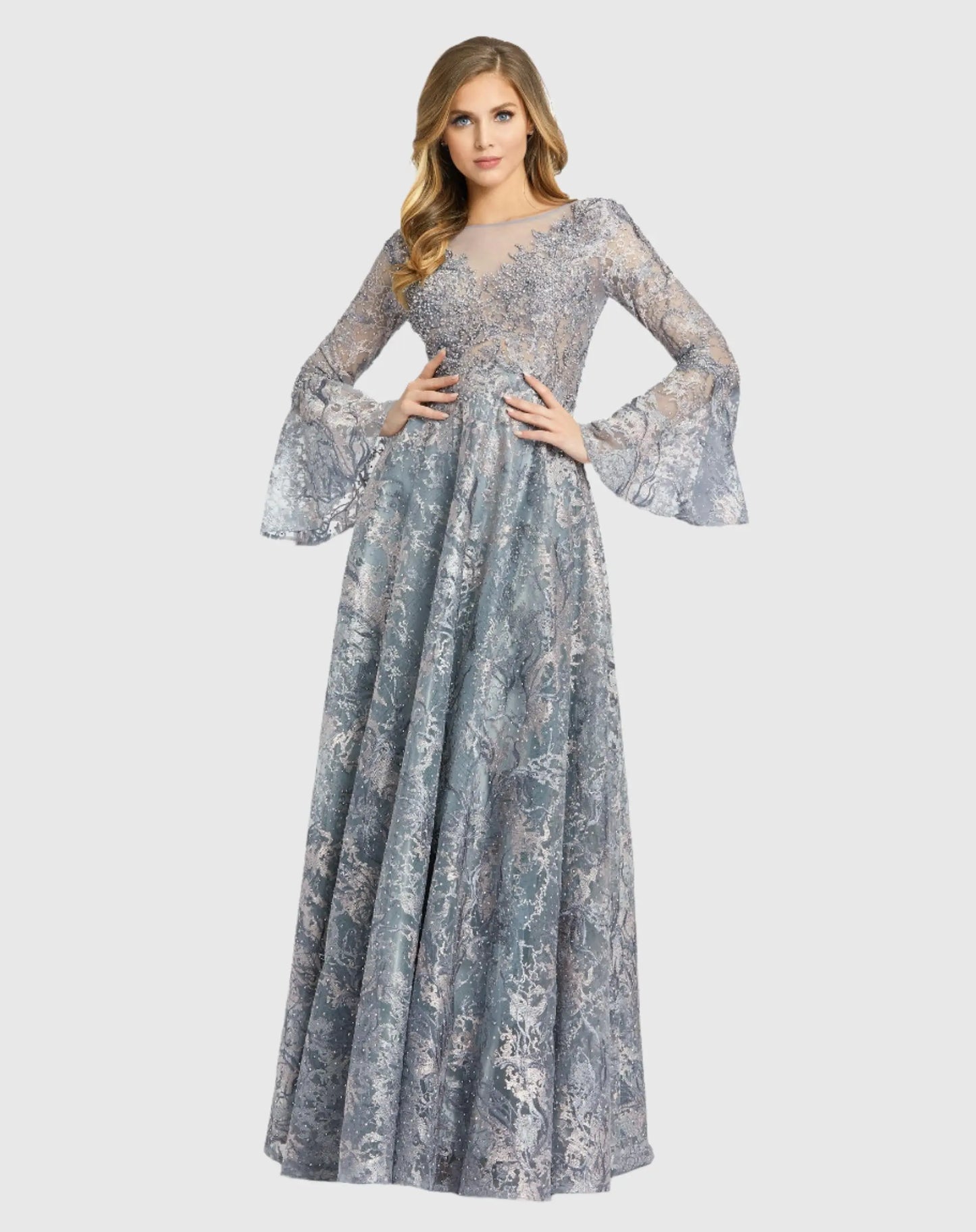 Embellished Illusion Bell Sleeve A Line Gown - Mac Duggal