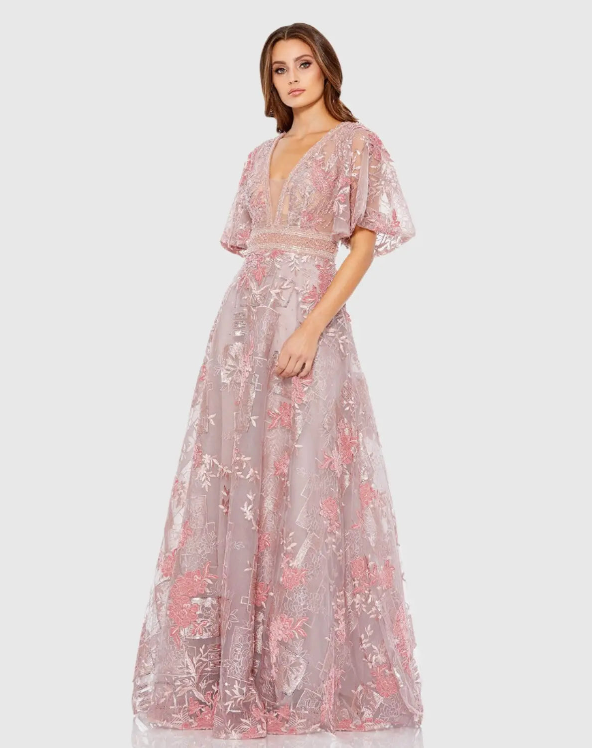 Embroidered Flounce Sleeve Line Gown