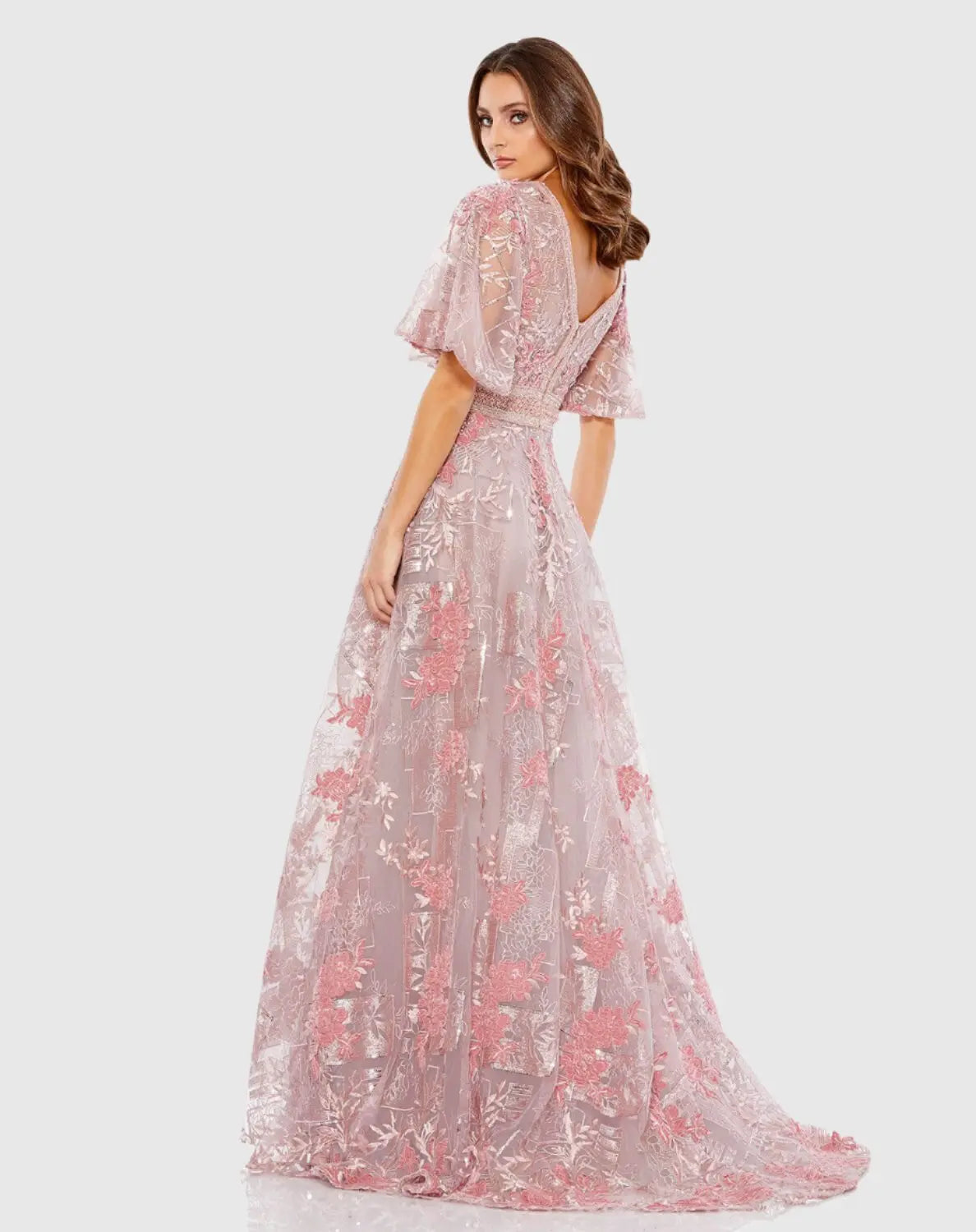mac duggal pink embroidered flutter sleeve a-line dress Mac Duggal Embroidered Floral Appliqu Flutter Sleeve Gown