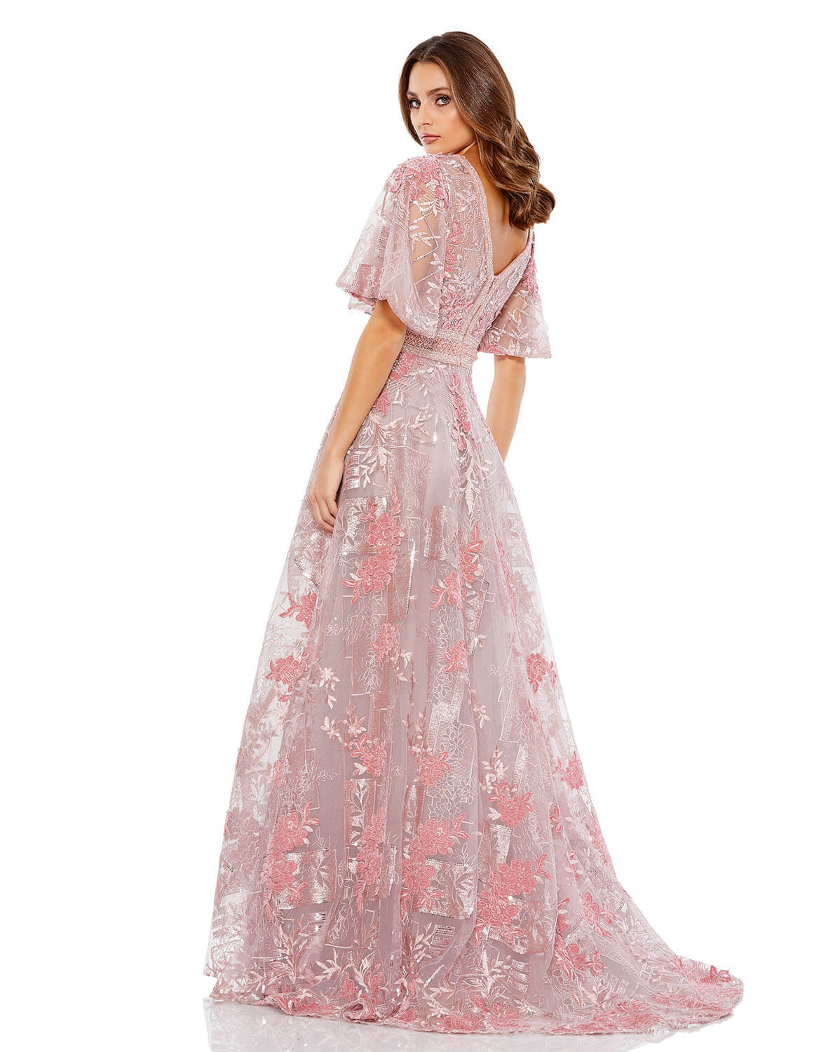 Embroidered Flounce Sleeve A Line Gown