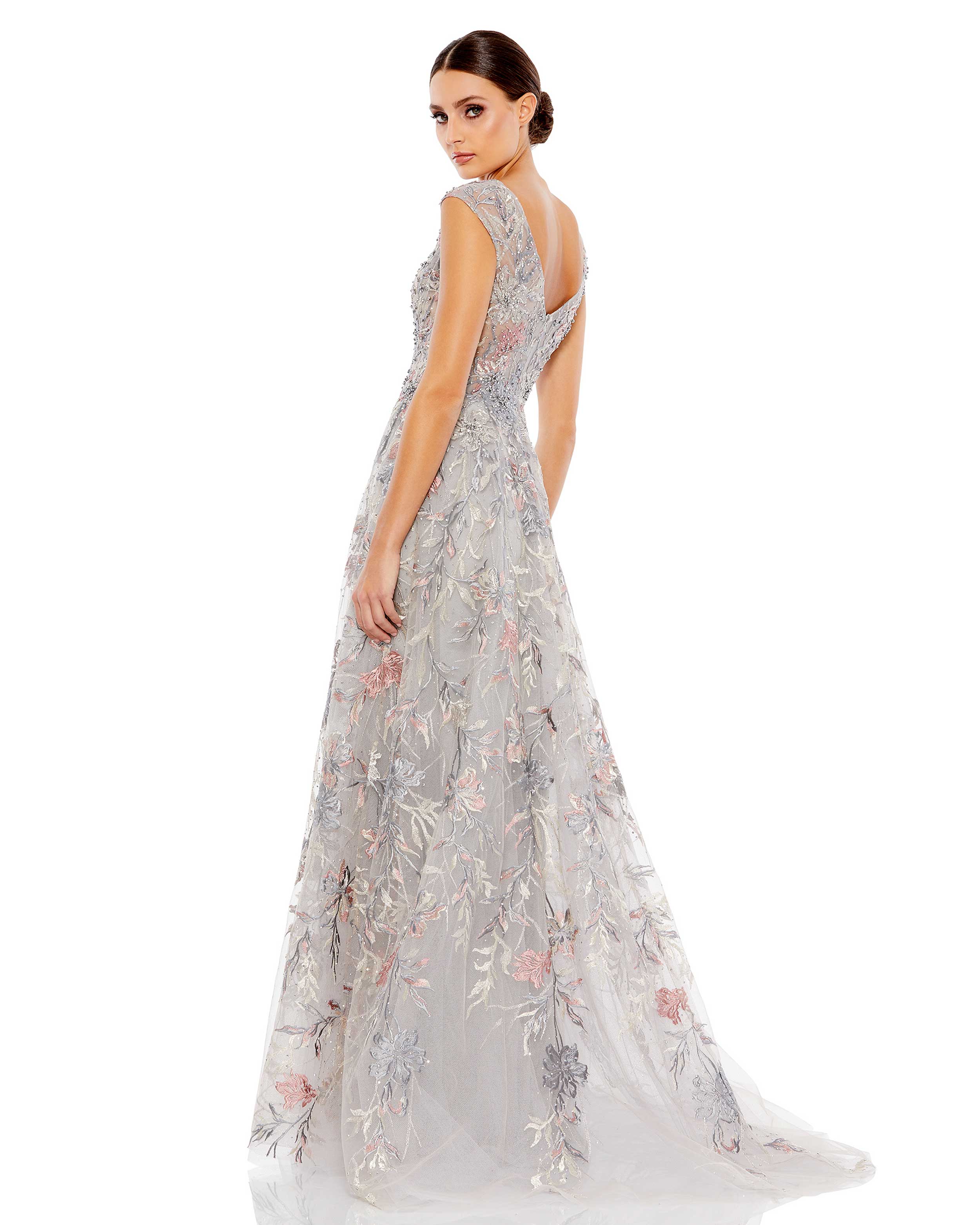 Embroidered Illusion Cap Sleeve A Line Gown