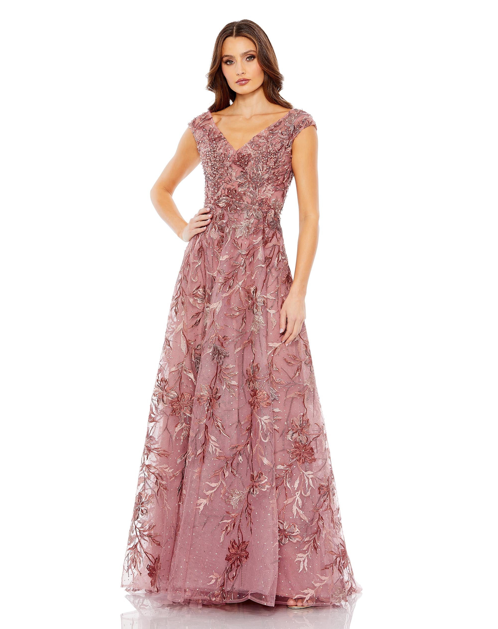 Embroidered Illusion Cap Sleeve A Line Gown
