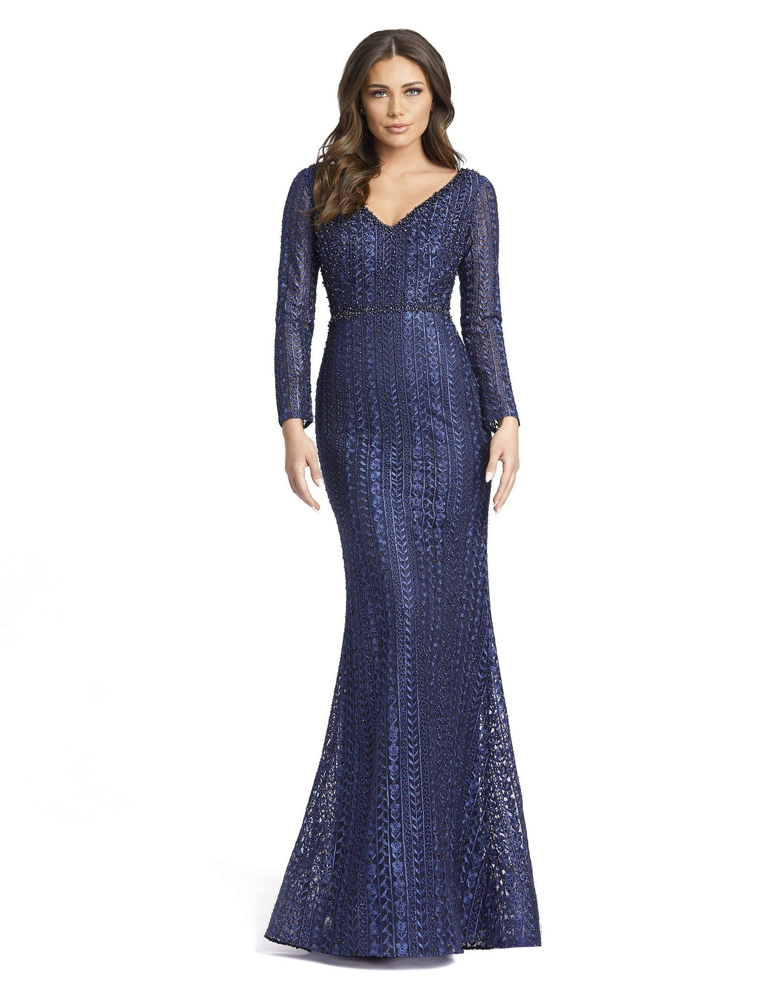 Embroidered Long Sleeve V Neck Trumpet Gown