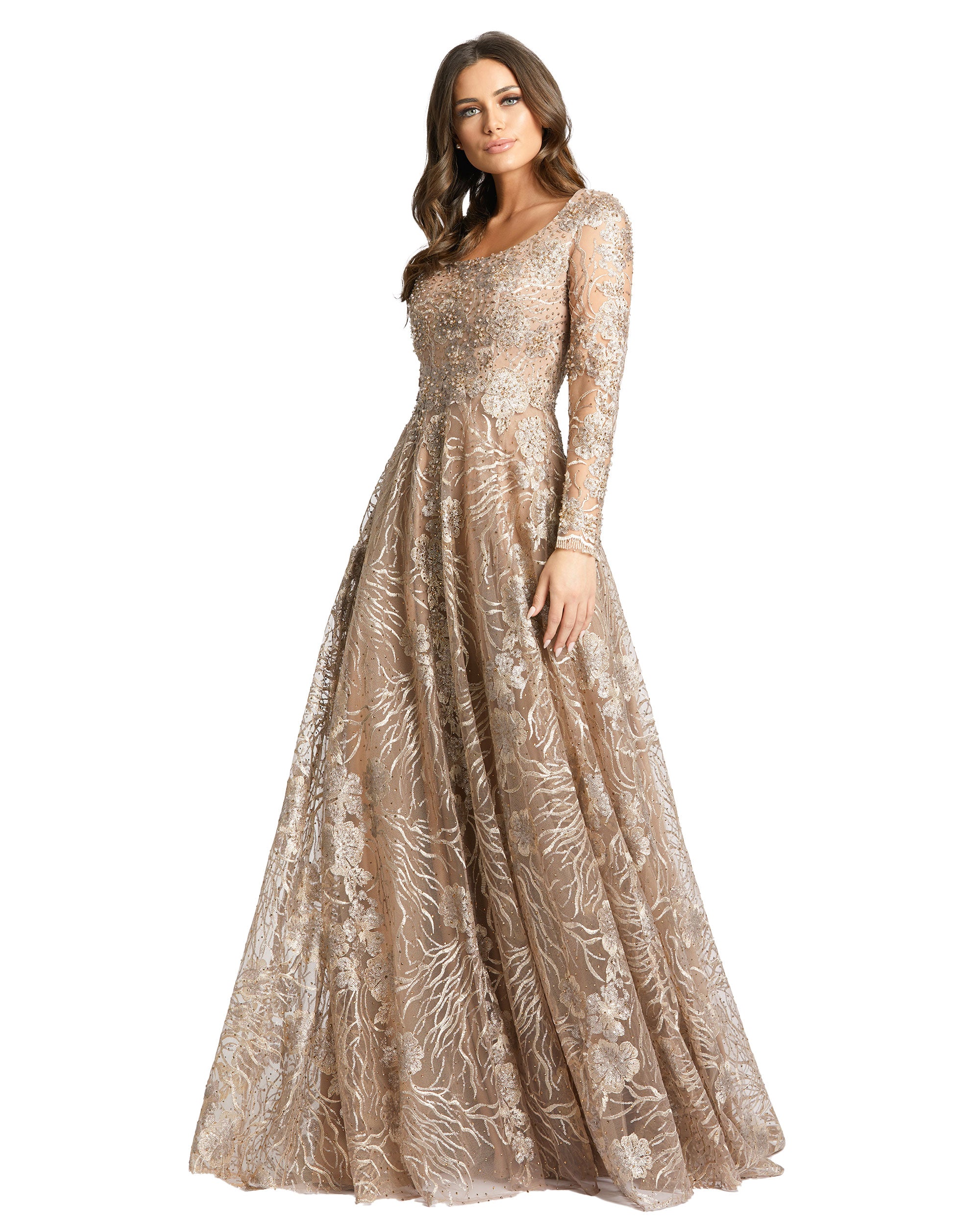 Jewel Encrusted Long Sleeve Square Neck Gown - FINAL SALE