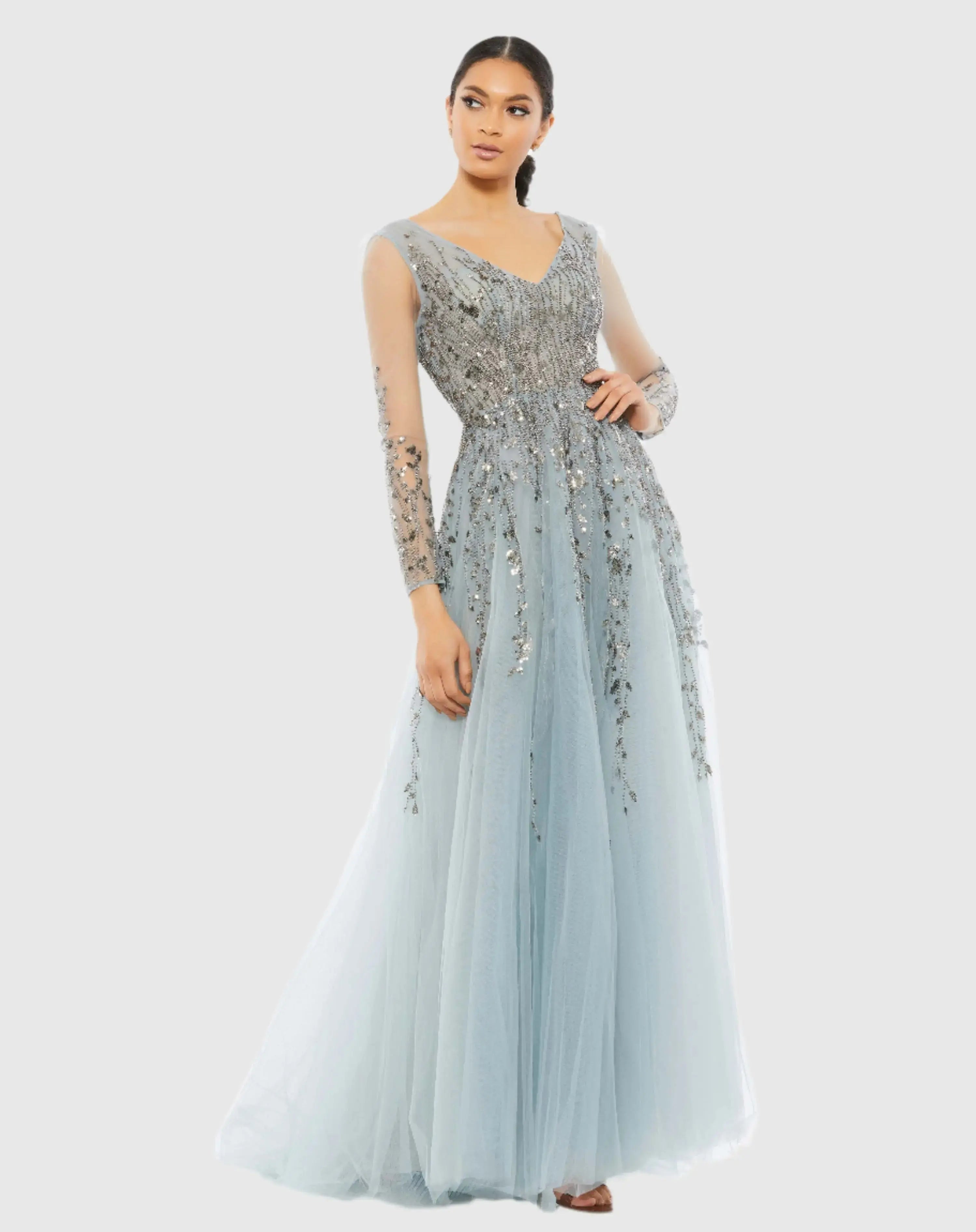 Blue Embellished V Neck Long Sleeve A Line Gown - Mac Duggal