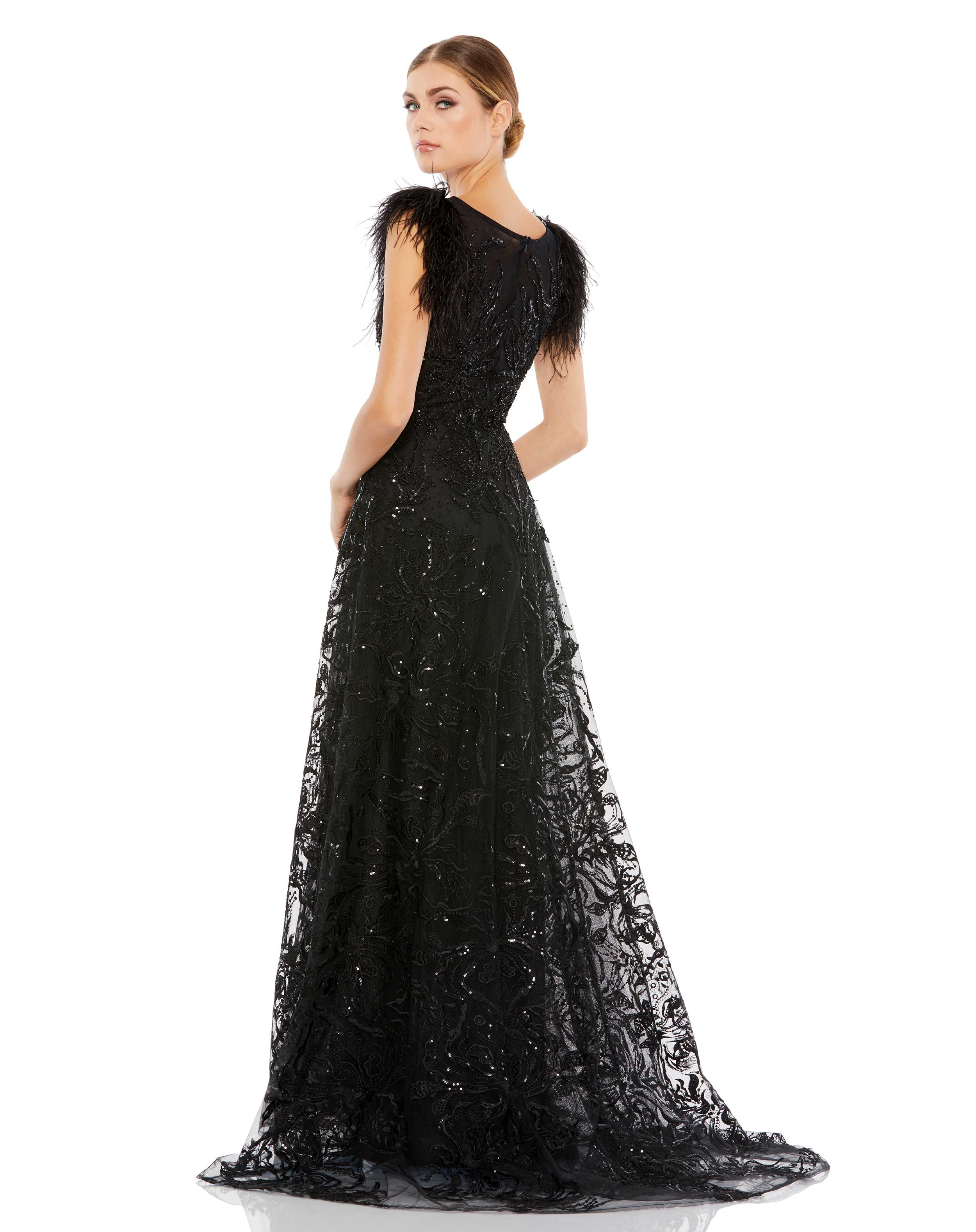 Embellished Feather Cap Sleeve Bateau A Line Gown