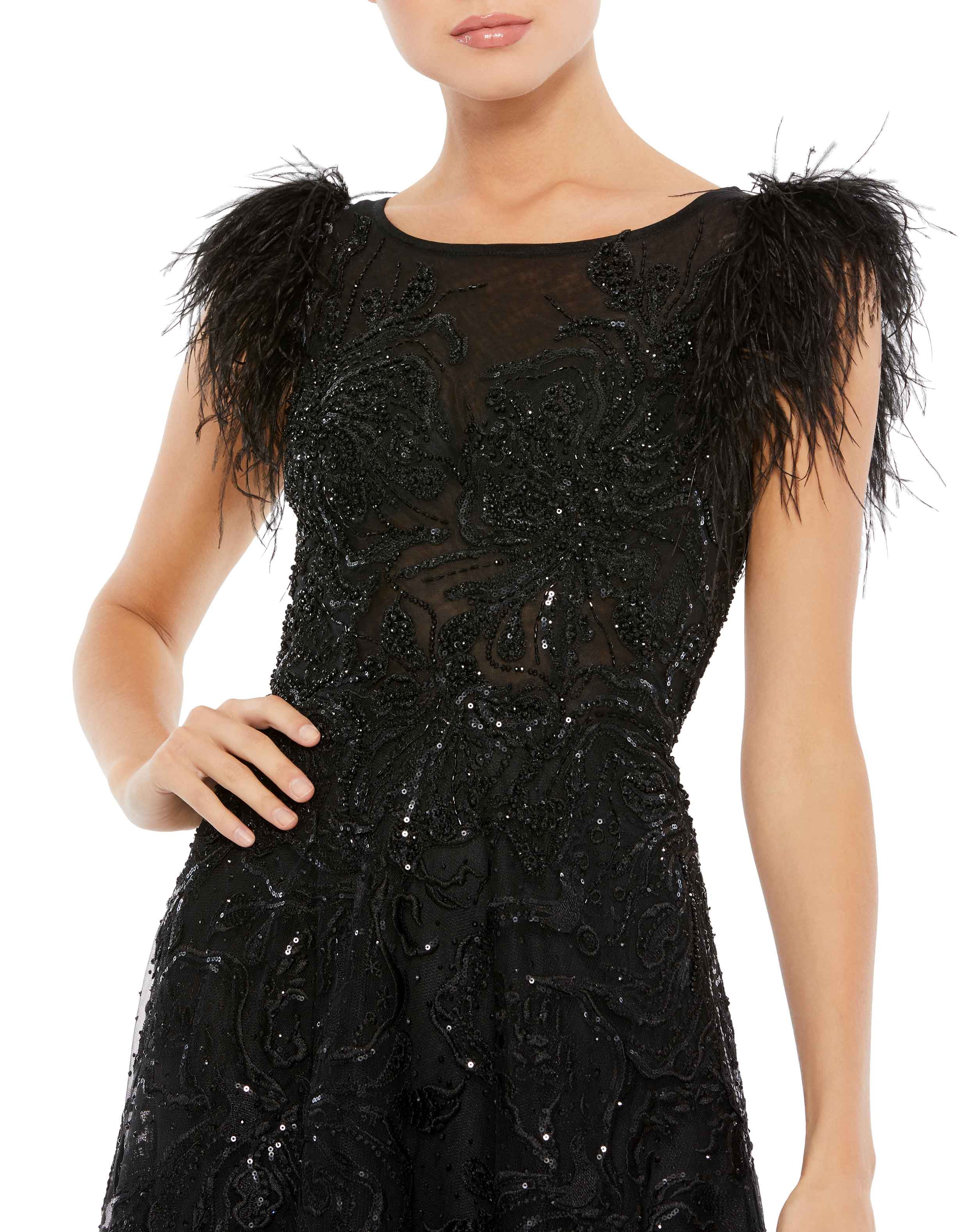 Embellished Feather Cap Sleeve Bateau A Line Gown