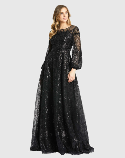 Jewel Encrusted Illusion Long Sleeve A Line Gown