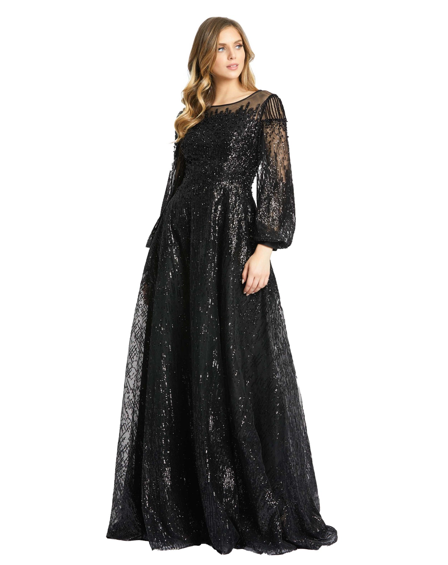 Jewel Encrusted Illusion Long Sleeve A Line Gown – Mac Duggal