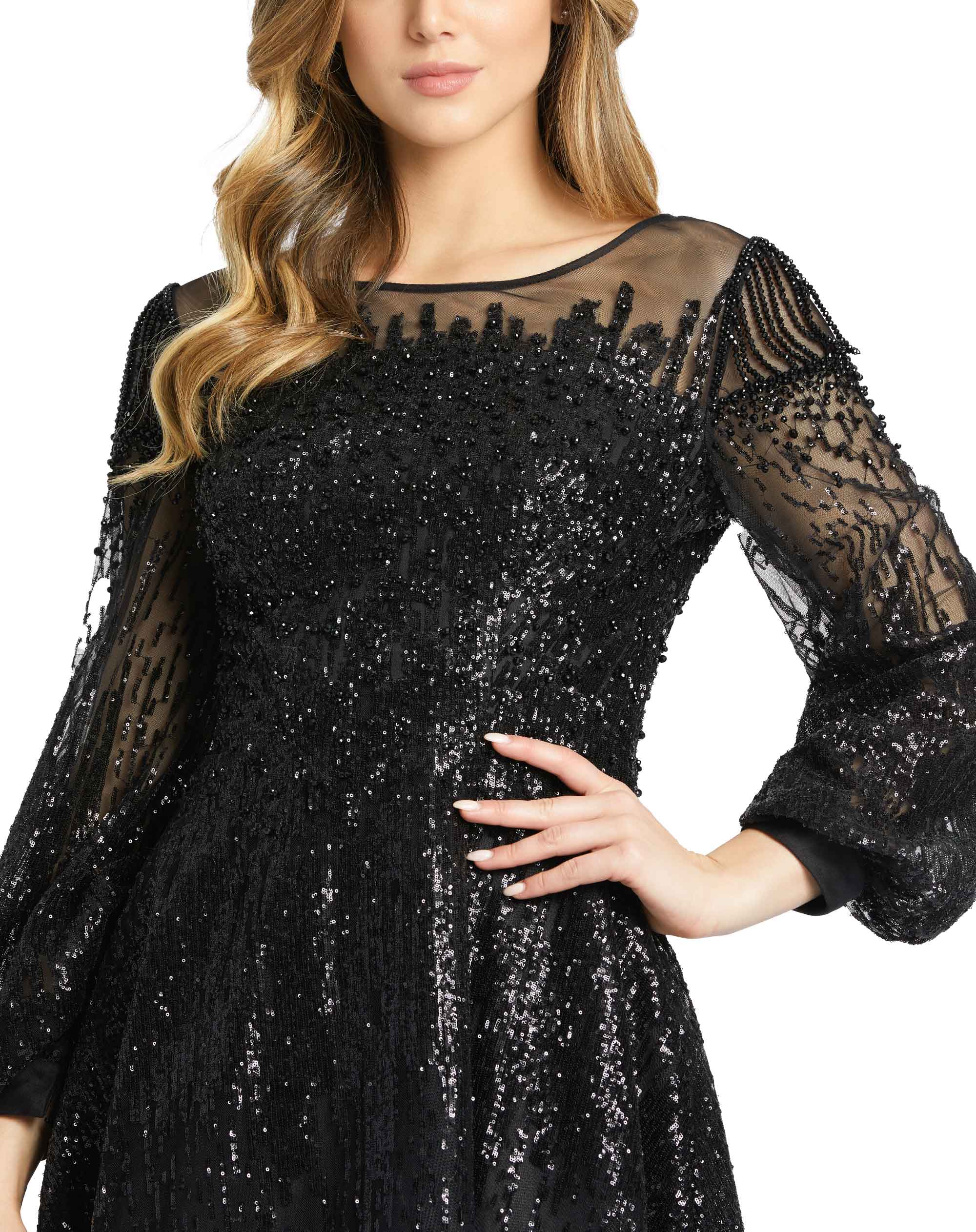 Jewel Encrusted Illusion Long Sleeve A Line Gown