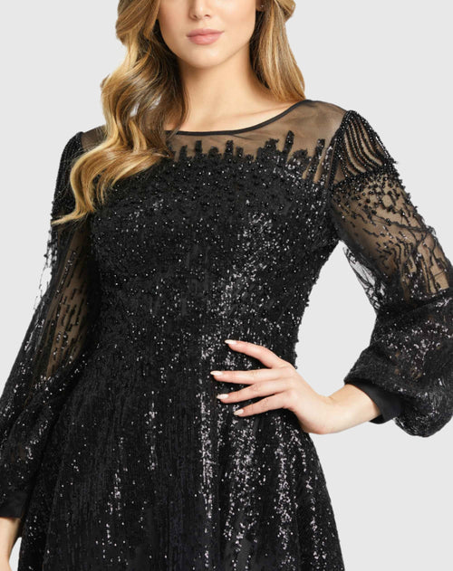 Jewel Encrusted Illusion Long Sleeve A Line Gown