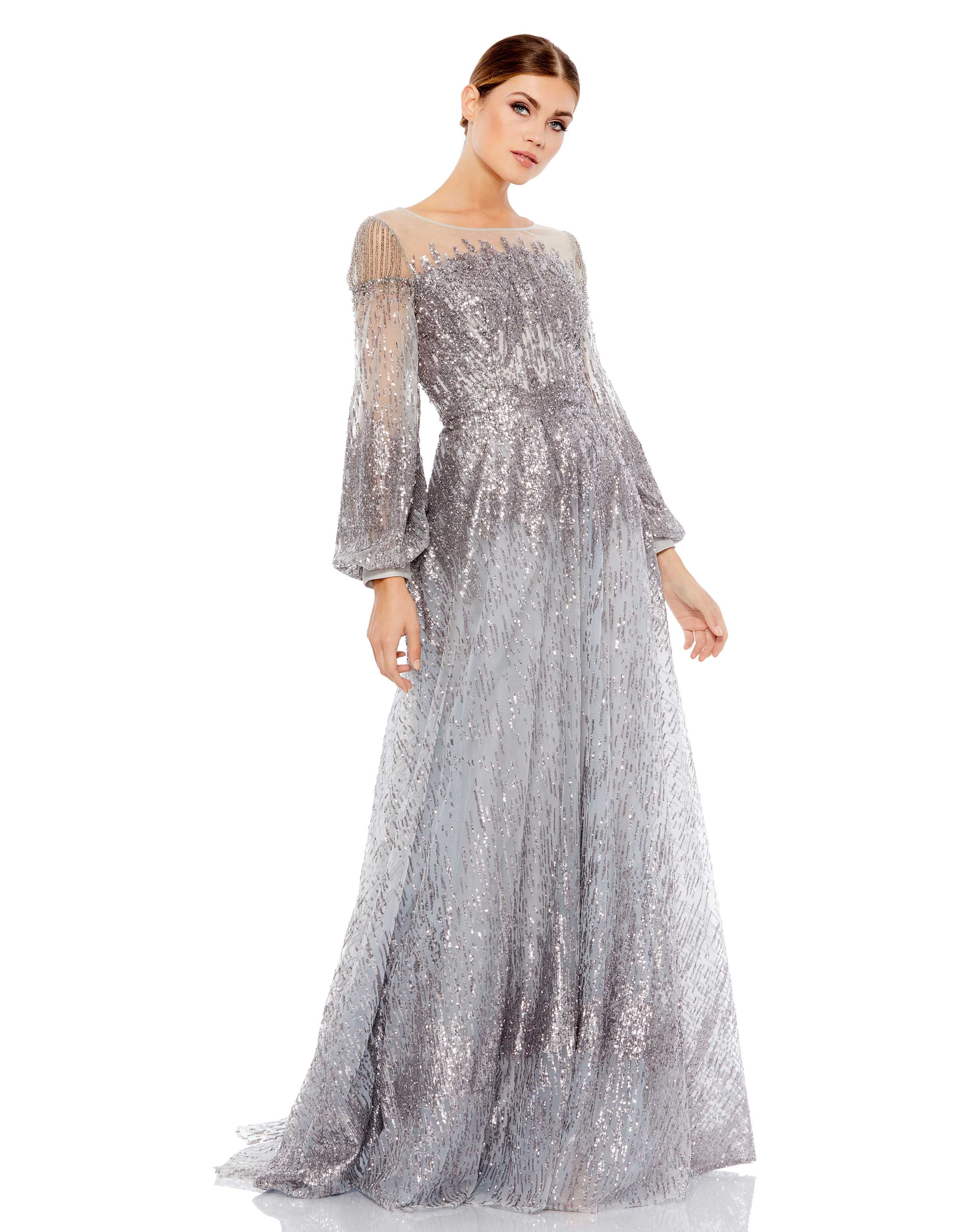 Jewel Encrusted Illusion Long Sleeve A Line Gown