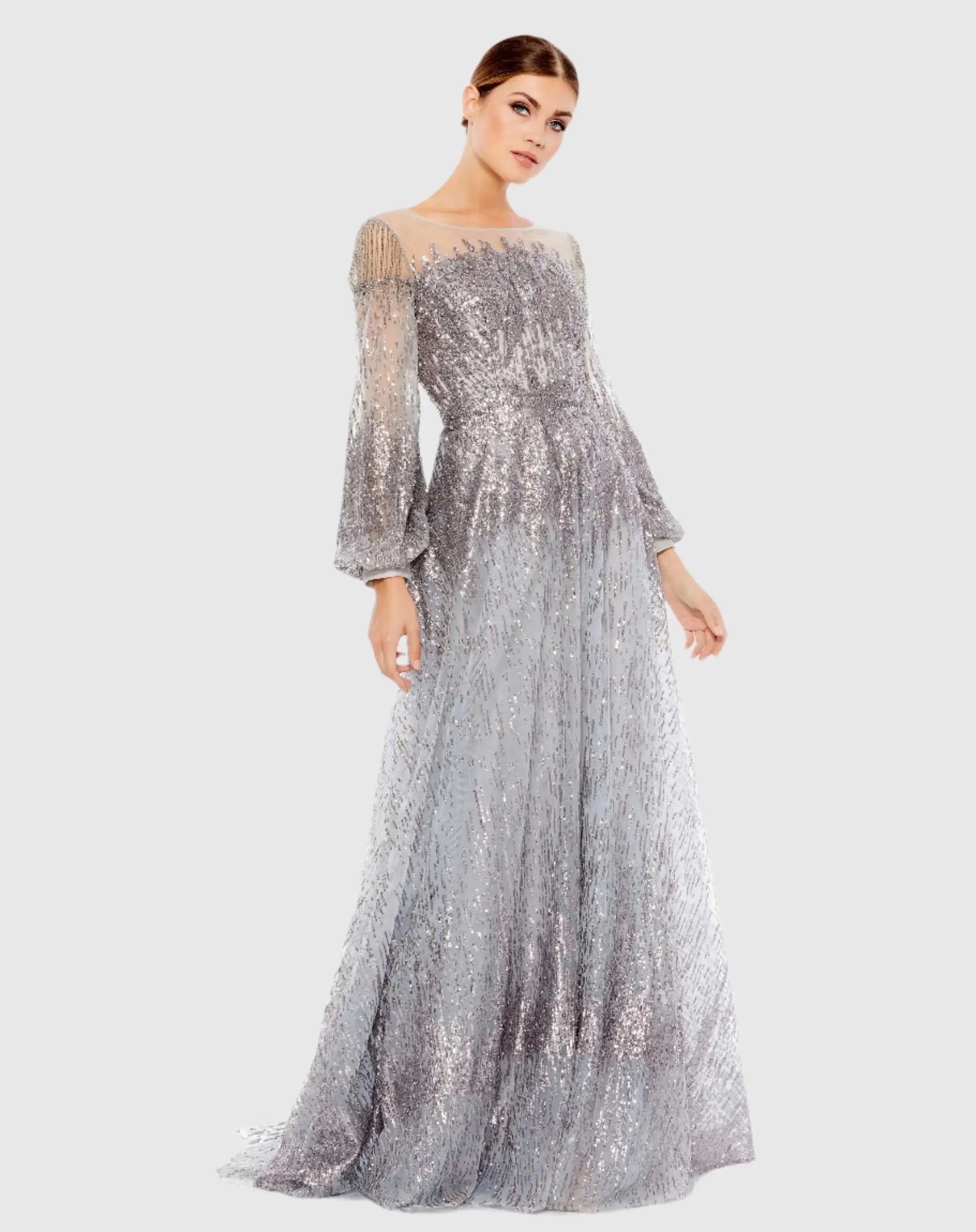 Silver Jewel Encrusted Illusion Long Sleeve A Line Gown - Mac Duggal Silver Jewel Encrusted Illusion Long Sleeve A Line Gown - Mac Duggal