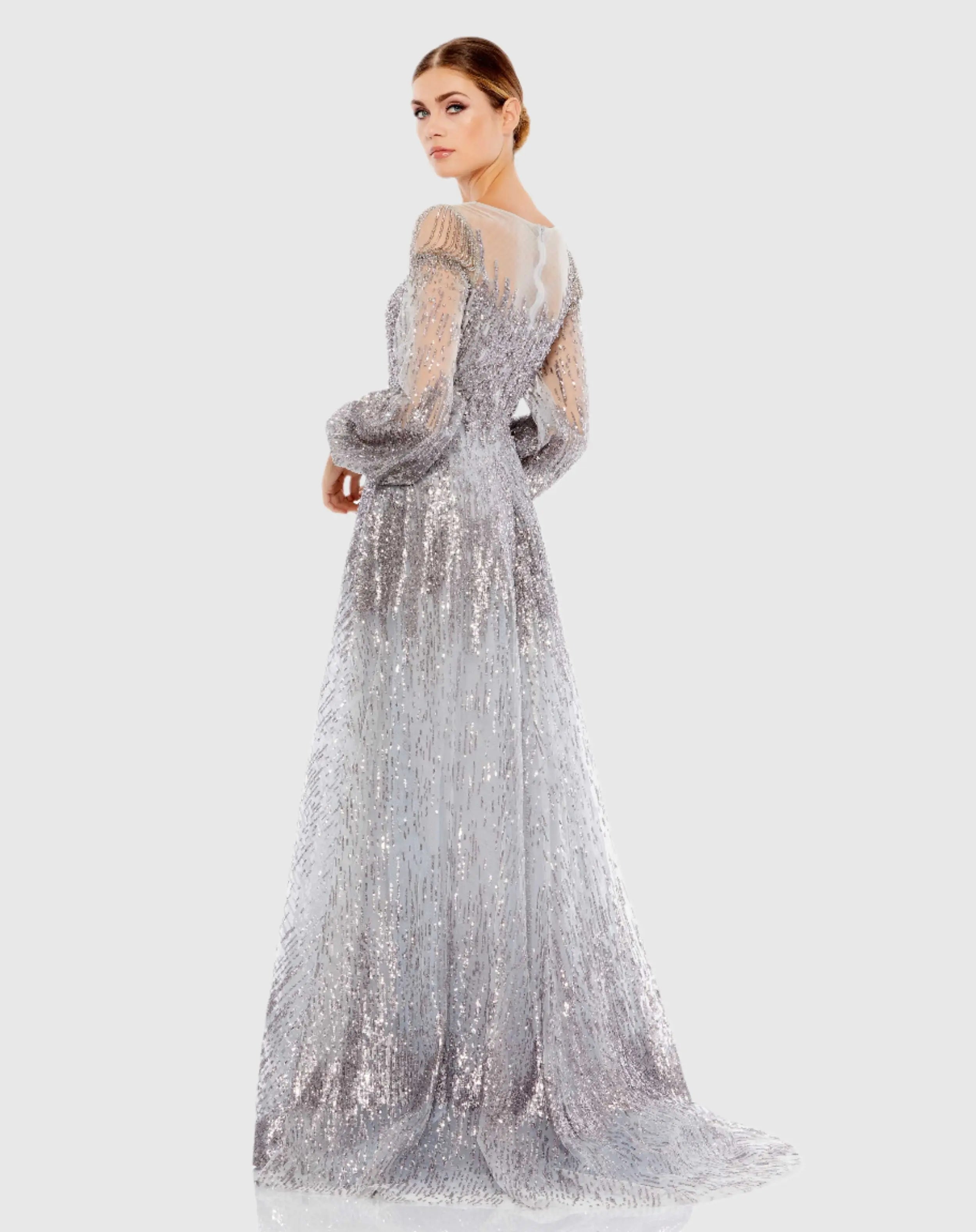 Silver Jewel Encrusted Illusion Long Sleeve A Line Gown - Mac Duggal