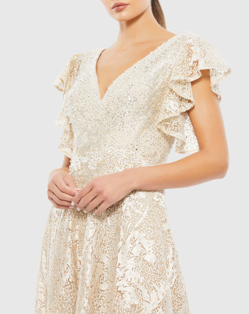 Embroidered Flutter Sleeve V-Neck Gown