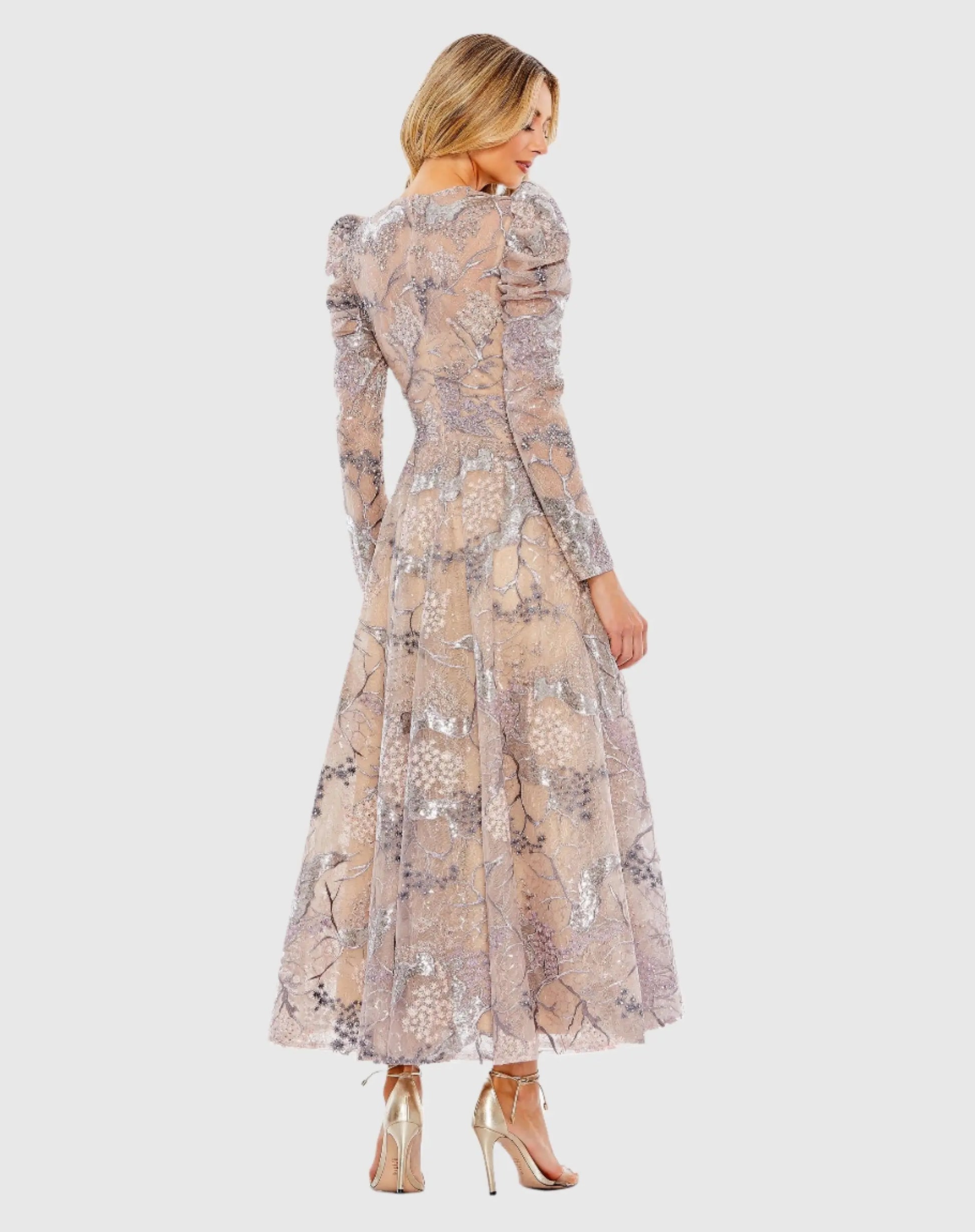 Embellished High Neck Puff Sleeve A-Line Dress - Mac Duggal