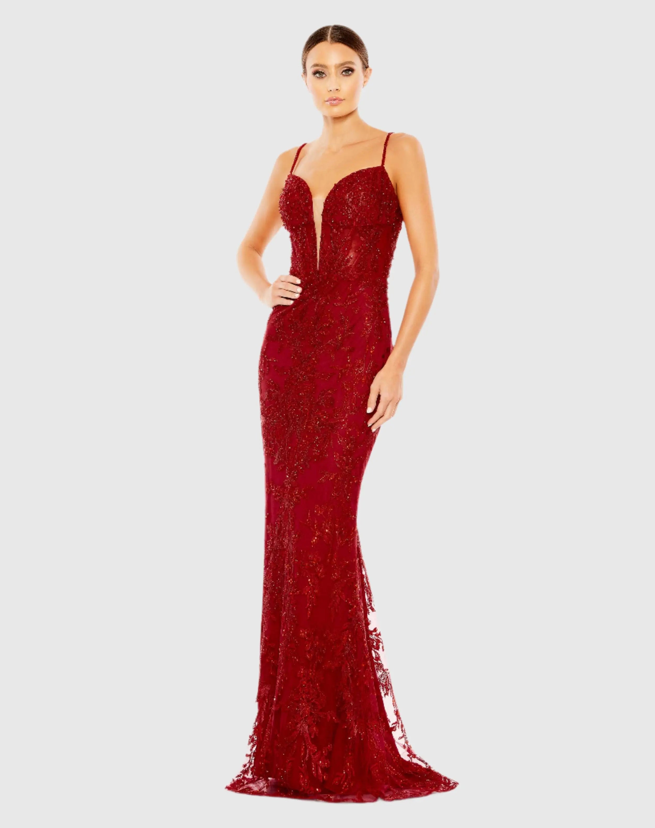 Red Embellished Plunge Neck Illusion Mermaid Gown - Mac Duggal
