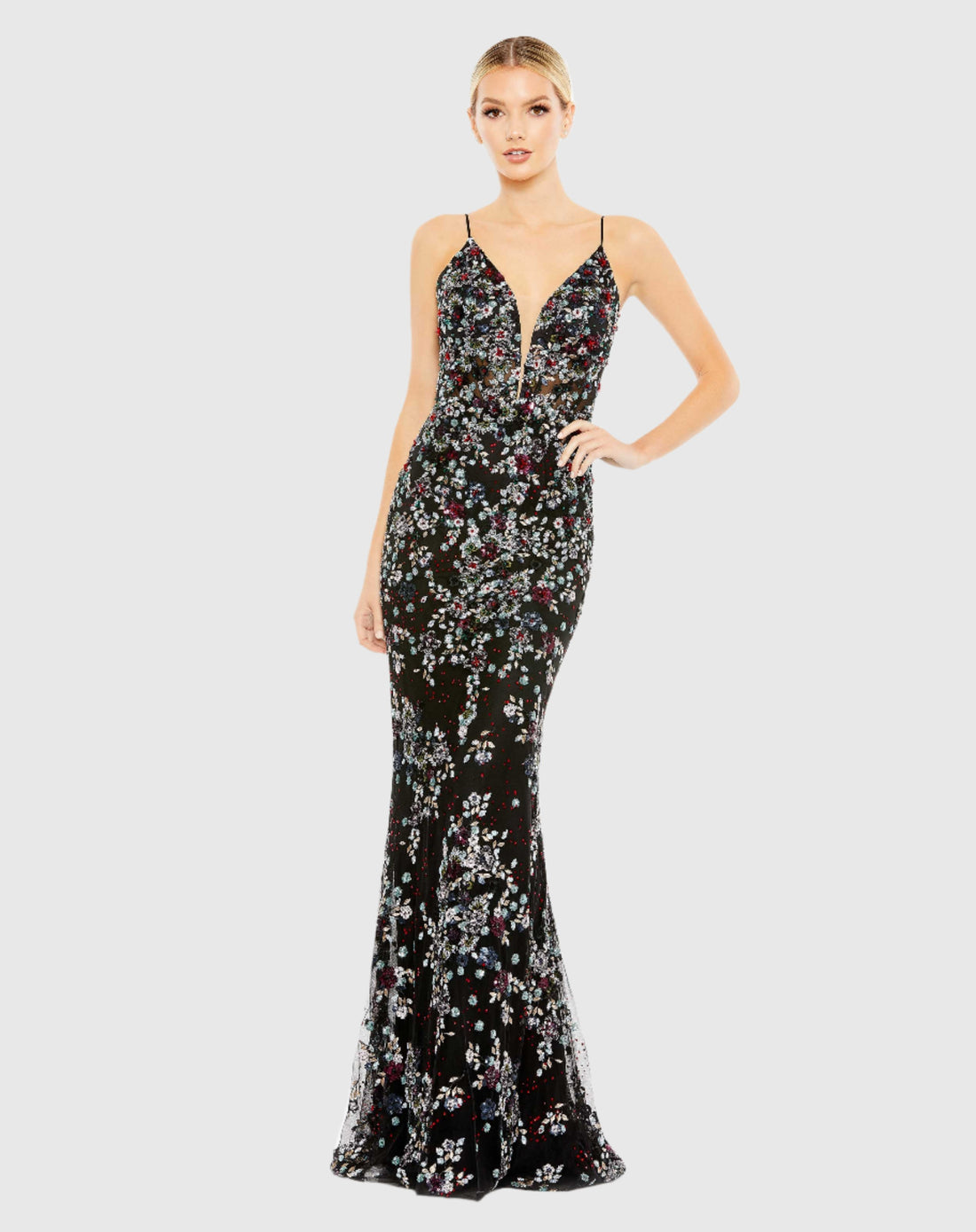 Embellished Plunge Neck Sleeveless Gown