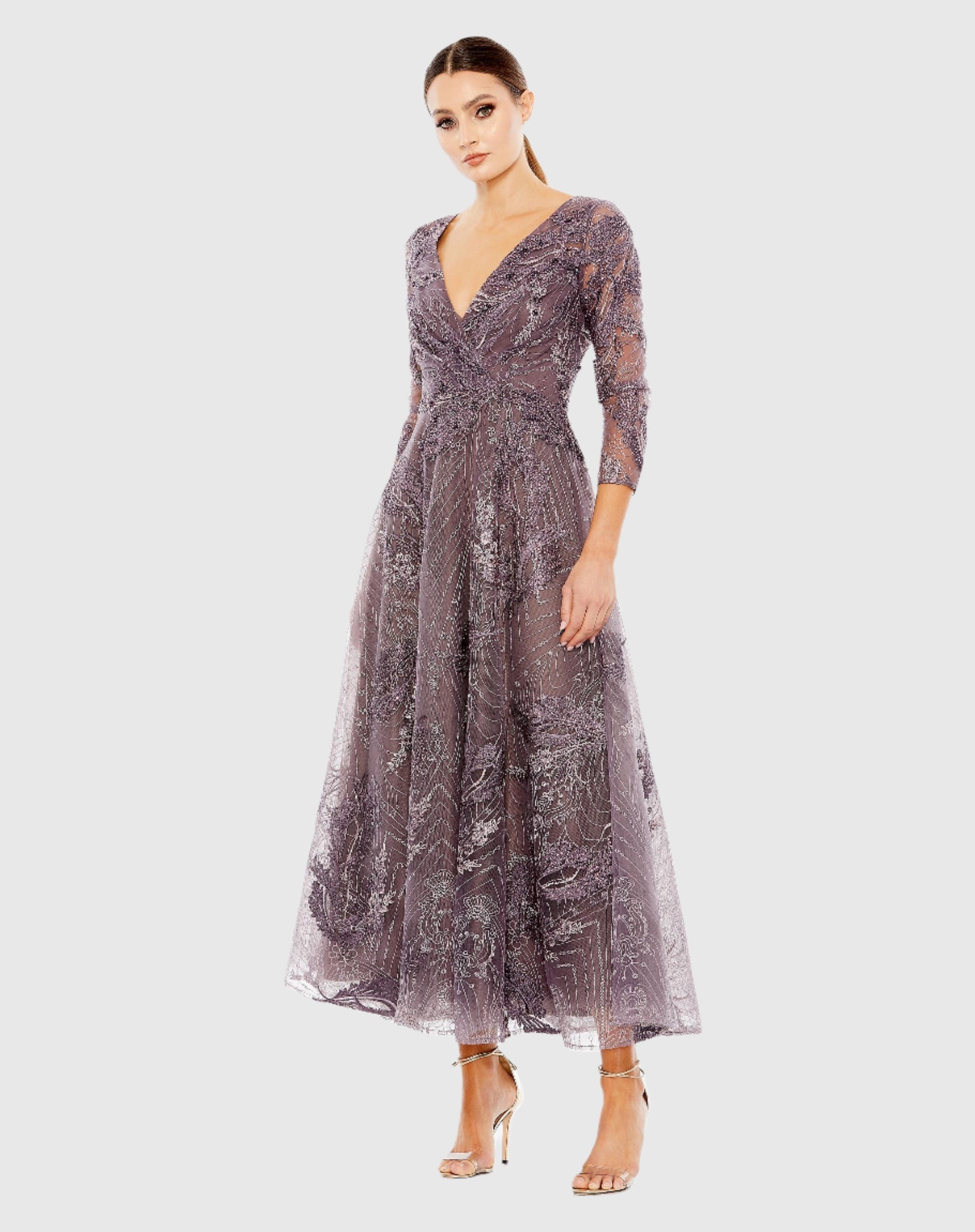 Mac Duggal Embellished Wrap-Over 3/4 Sleeve Dress, Size 16, Aubergine Mac Duggal Embellished Wrap-Over 3/4 Sleeve Dress, Size 16, Aubergine