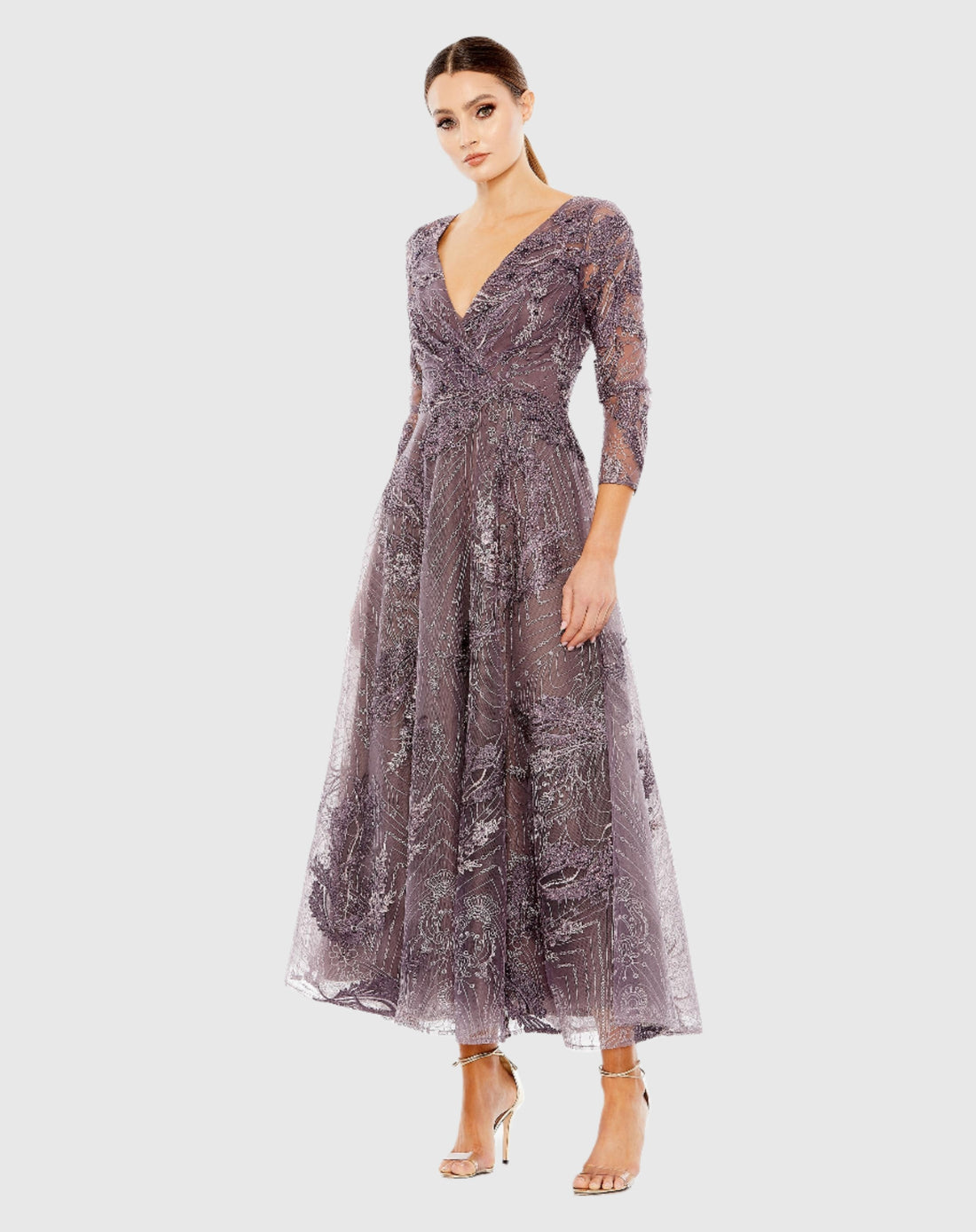 Purple Embellished Wrap Over 3/4 Sleeve Dress - Mac Duggal Purple Embellished Wrap Over 3/4 Sleeve Dress - Mac Duggal