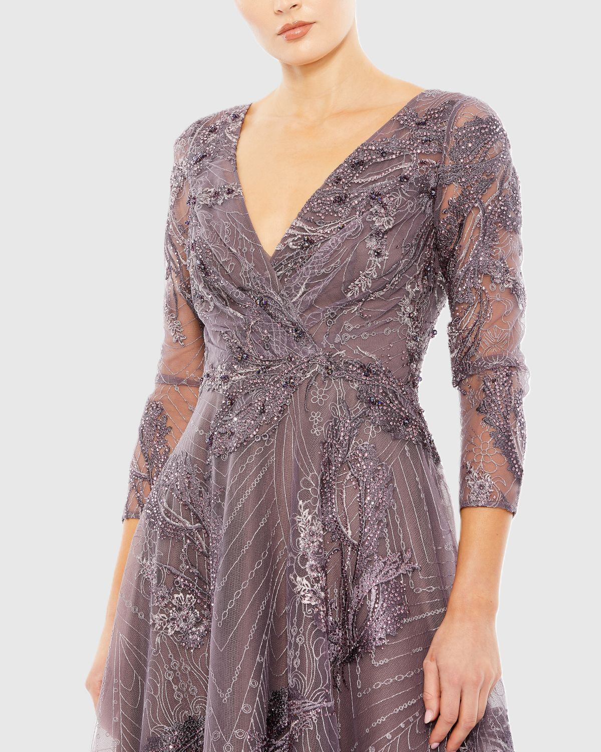 Purple Embellished Wrap Over 3/4 Sleeve Dress - Mac Duggal