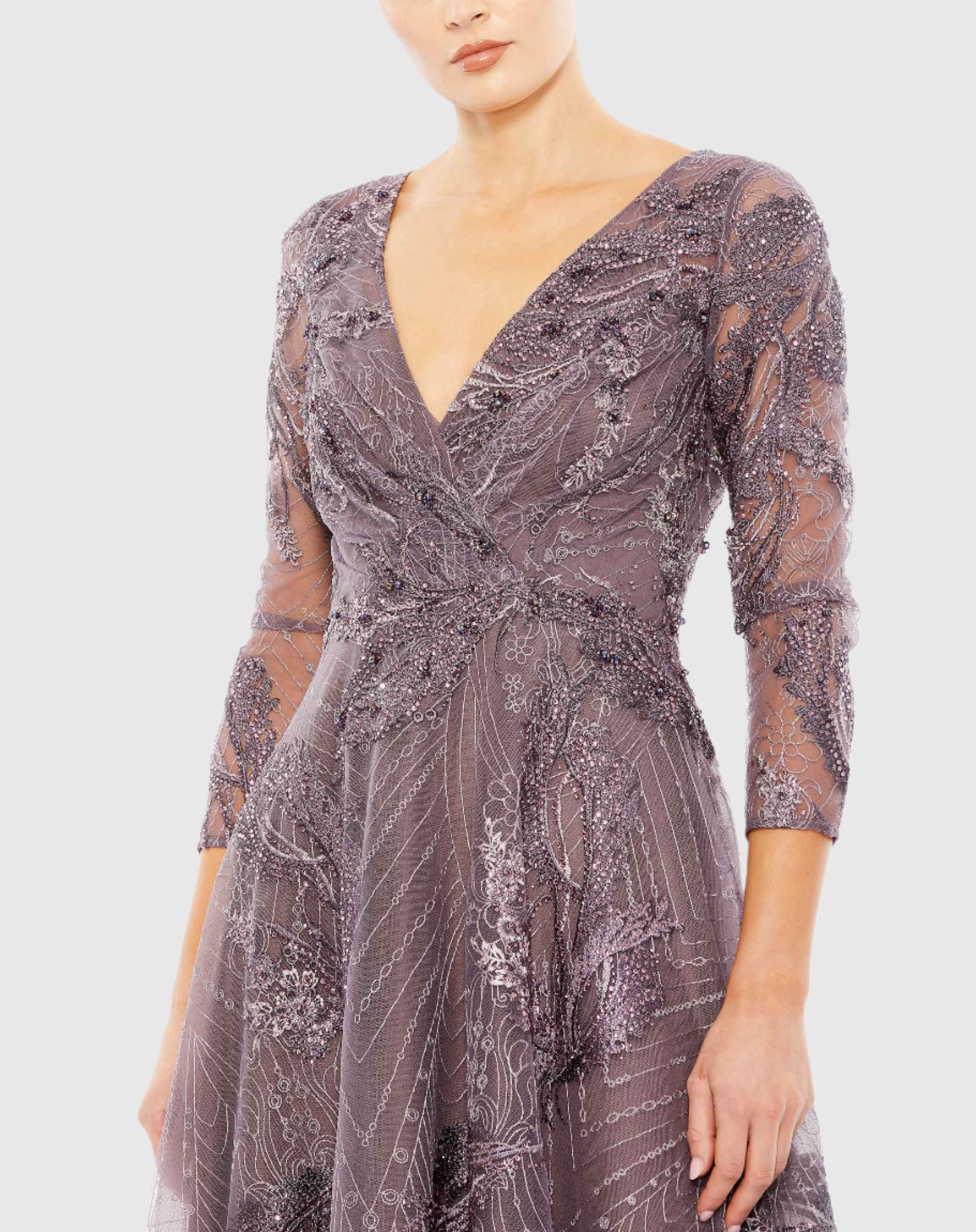 Purple Embellished Wrap Over 3/4 Sleeve Dress - Mac Duggal