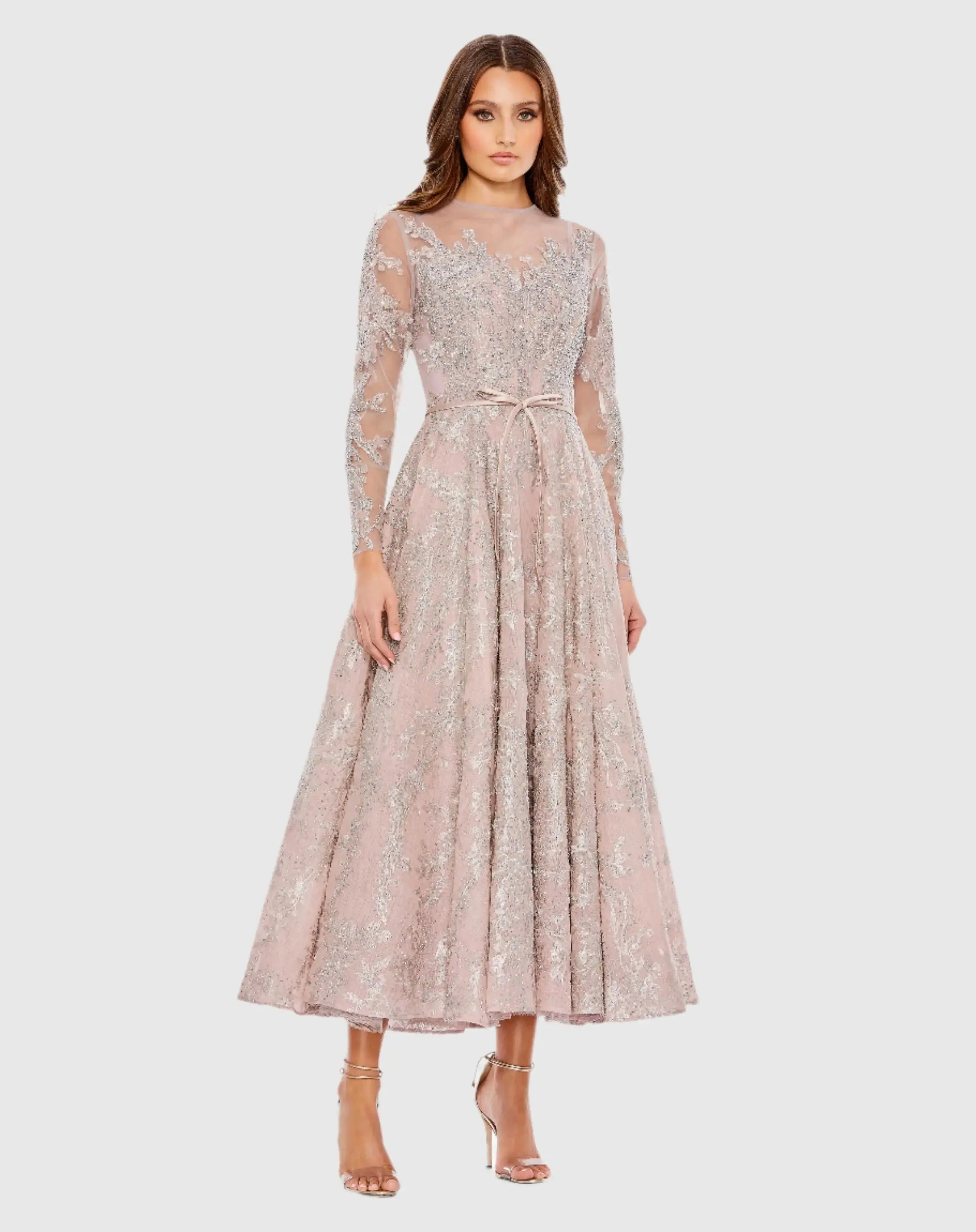 Pink Embellished Bow Belt Illusion Long Sleeve A Line Dress - Mac Duggal