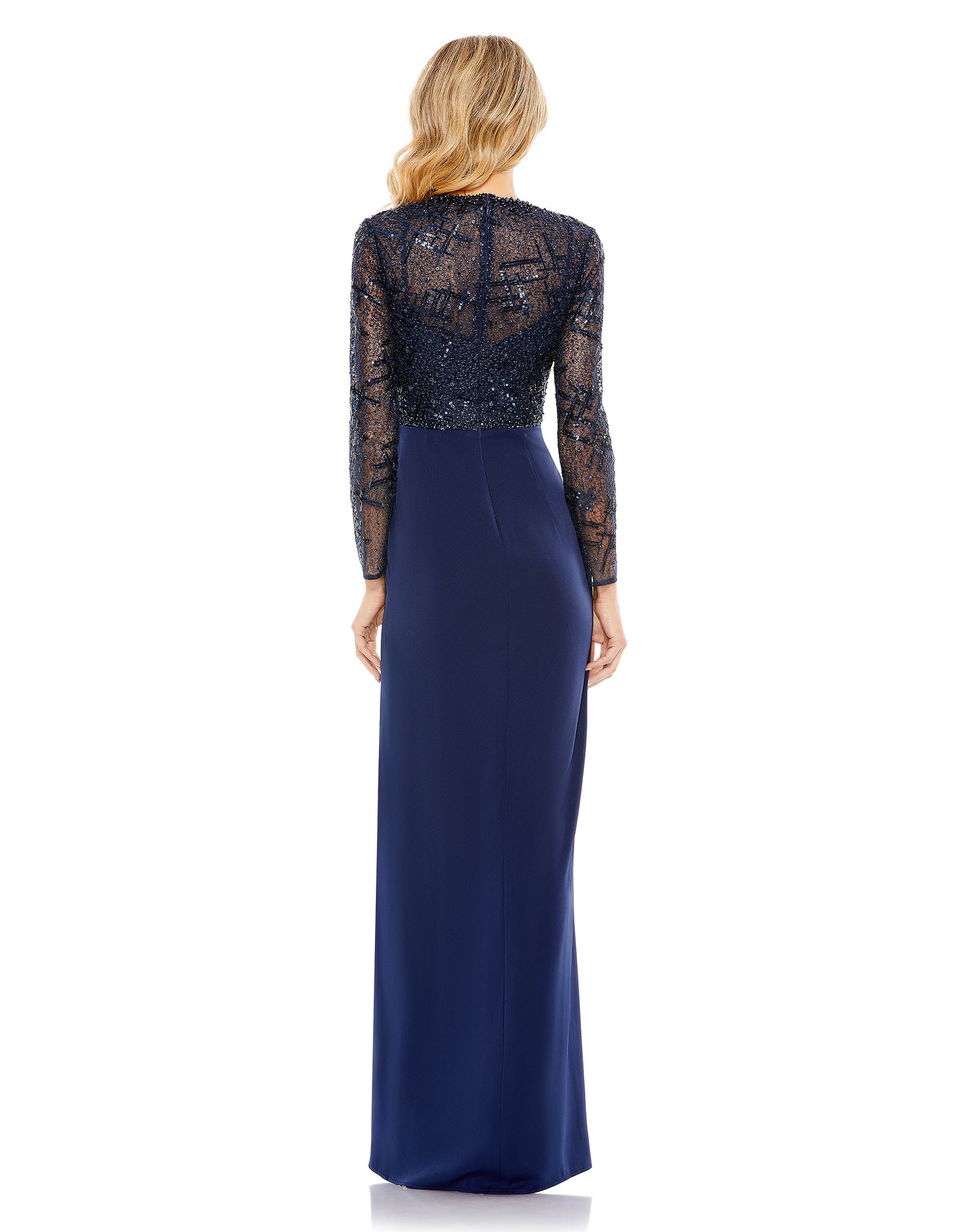 Embellished High Neck Bodice Faux Wrap Gown