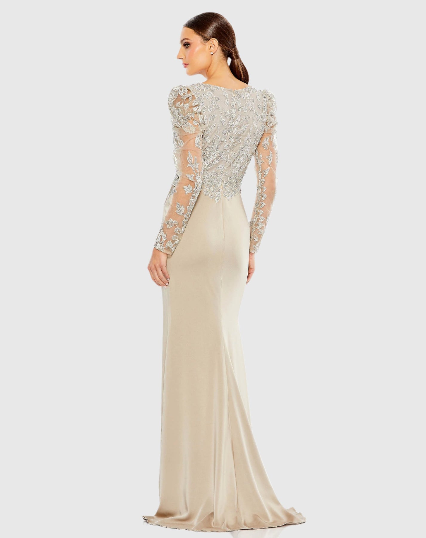 Embellished Faux Wrap Illusion Puff Sleeve Gown – Mac Duggal