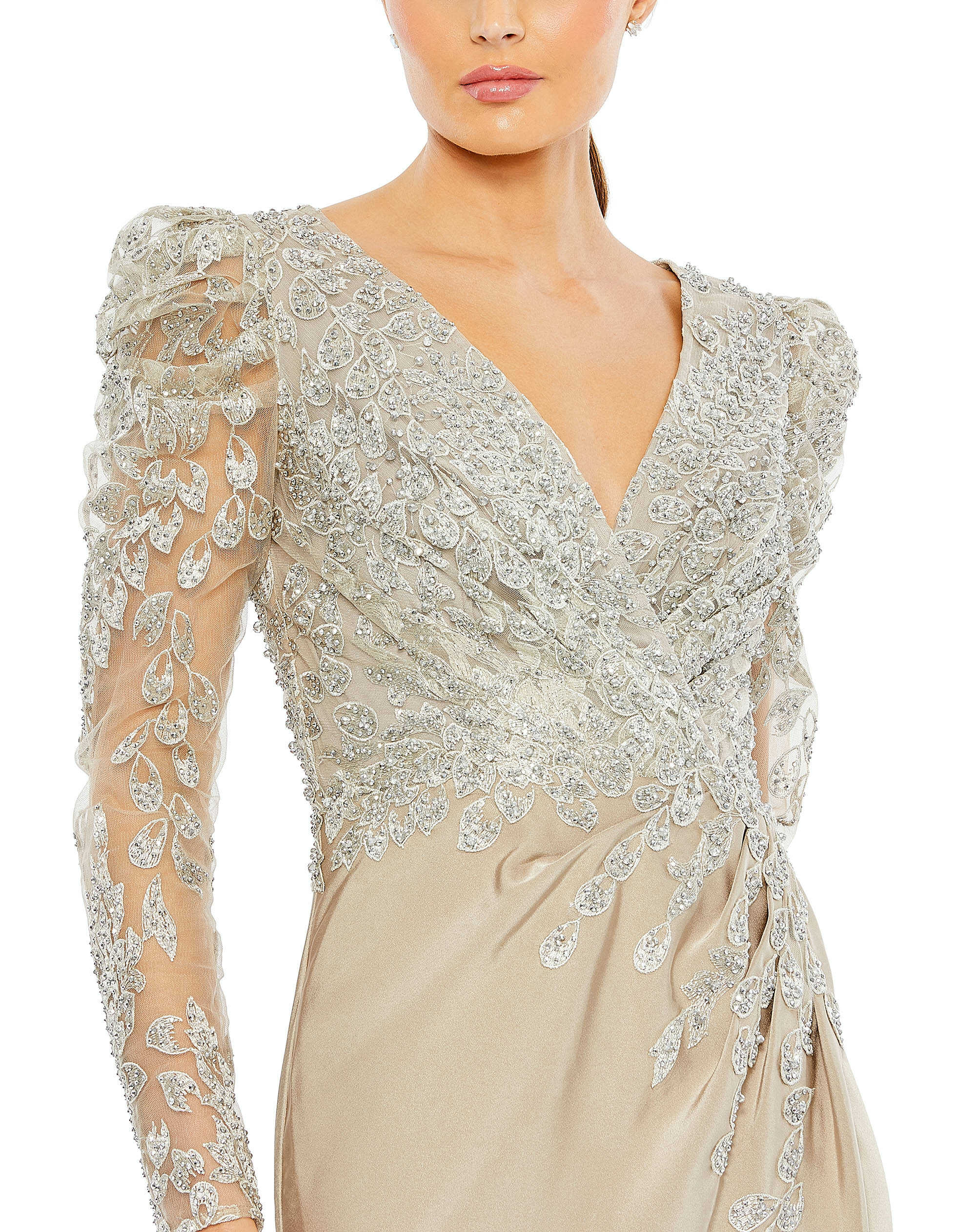 Embellished Faux Wrap Illusion Puff Sleeve Gown