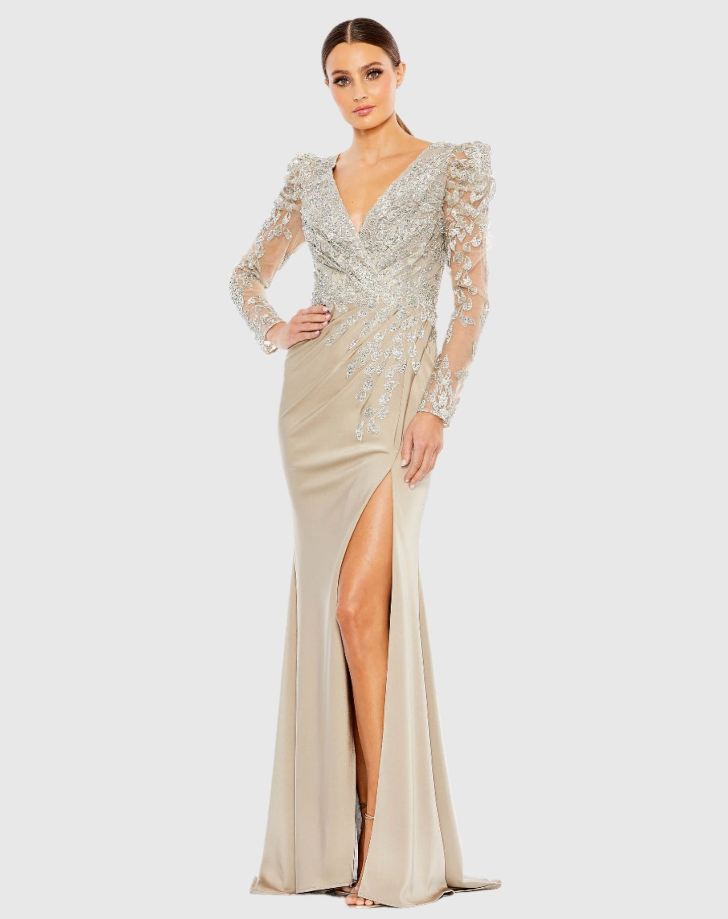 Embellished Faux Wrap Illusion Puff Sleeve Gown