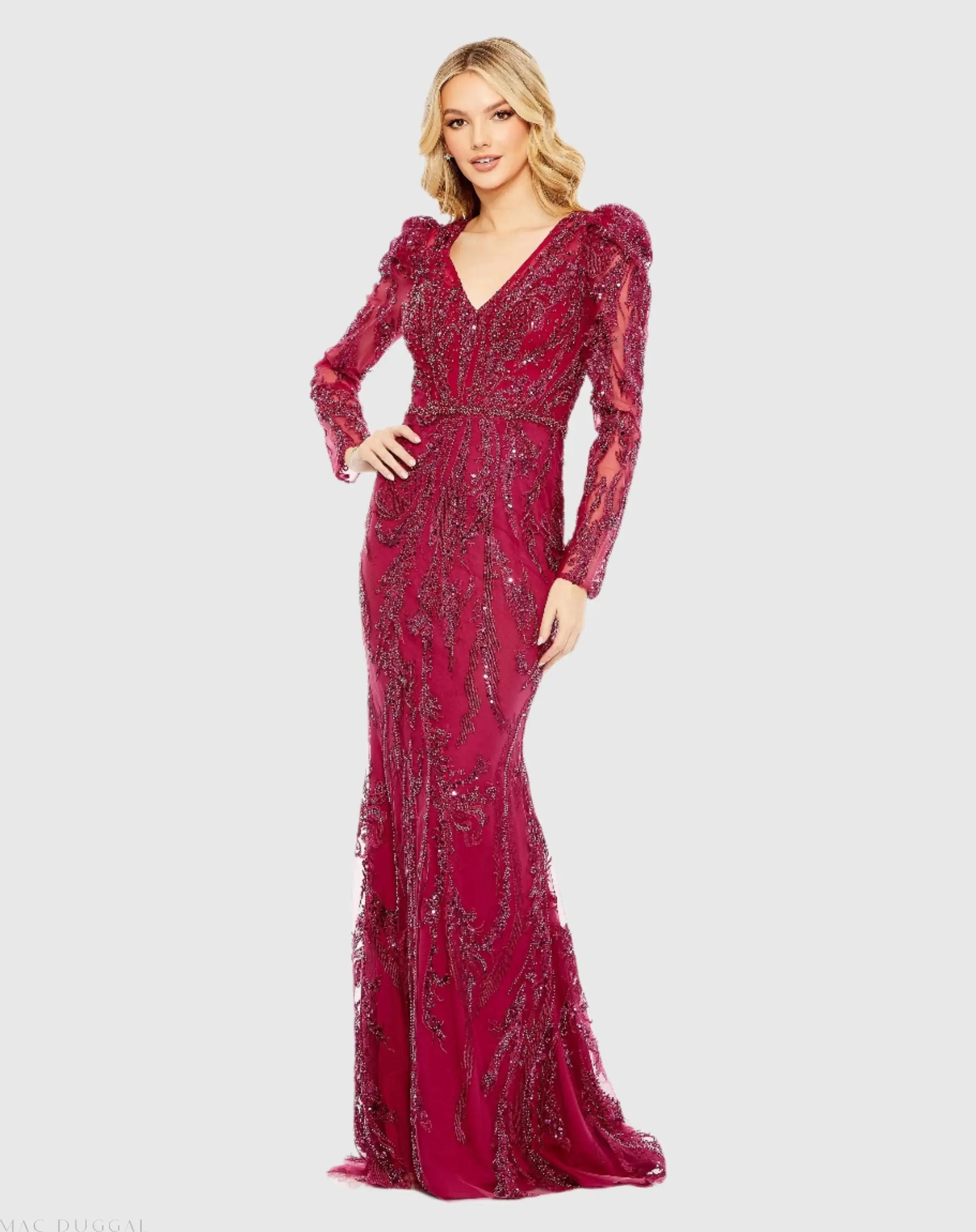 Red Embellished Puff Sleeve V Neck Gown - Mac Duggal