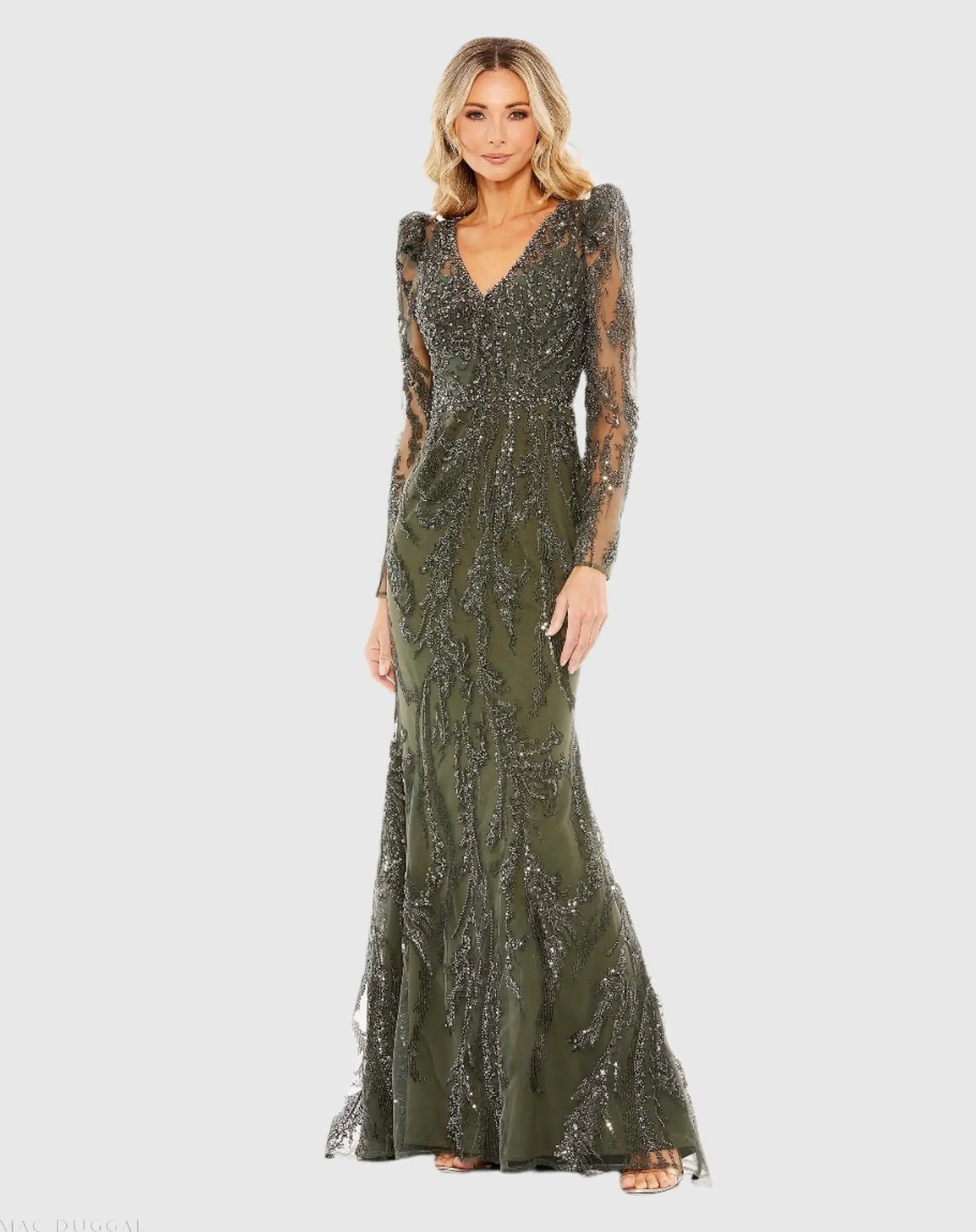 Green Embellished Puff Sleeve V Neck Gown - Mac Duggal