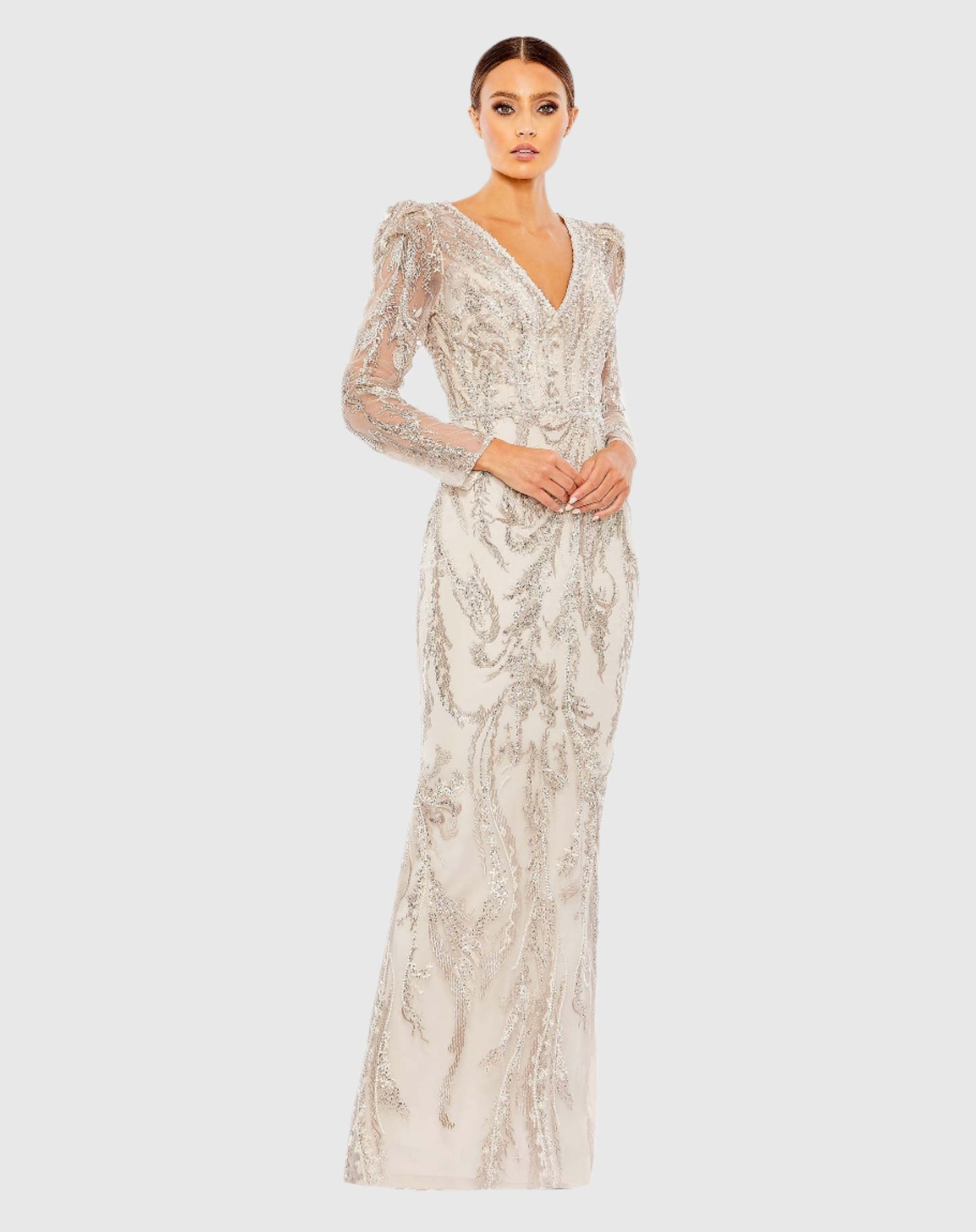 Embellished Puff Sleeve V Neck Gown