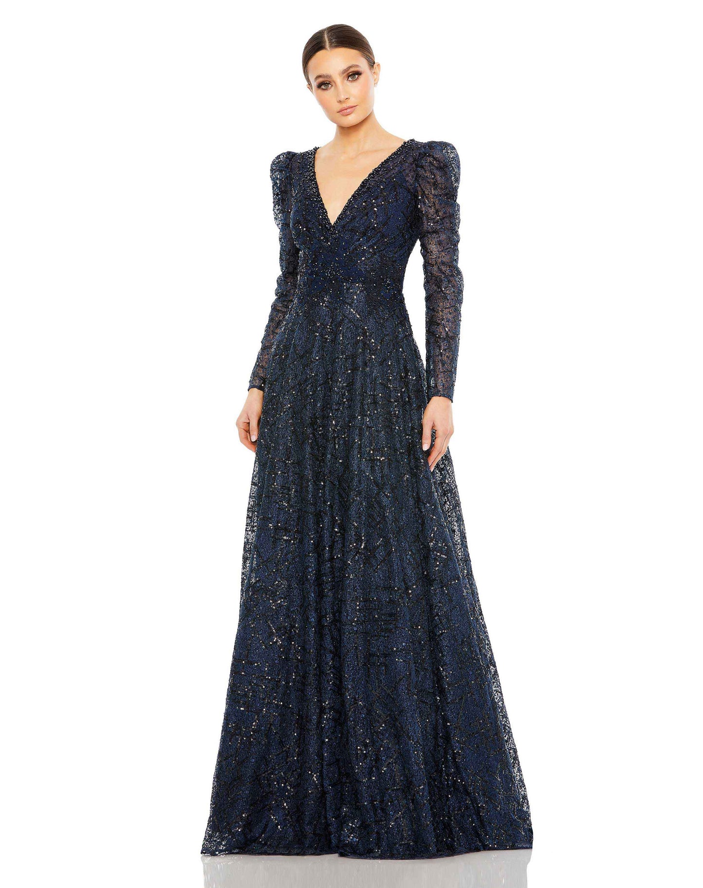 Embellished V Neck Long Sleeve A Line Gown