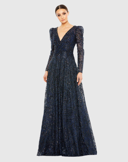 Embellished V Neck Long Sleeve A Line Gown