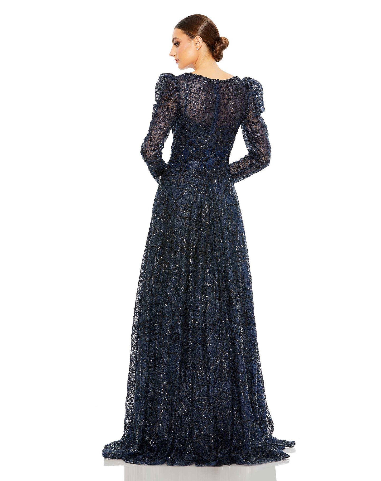 Embellished V Neck Long Sleeve A Line Gown