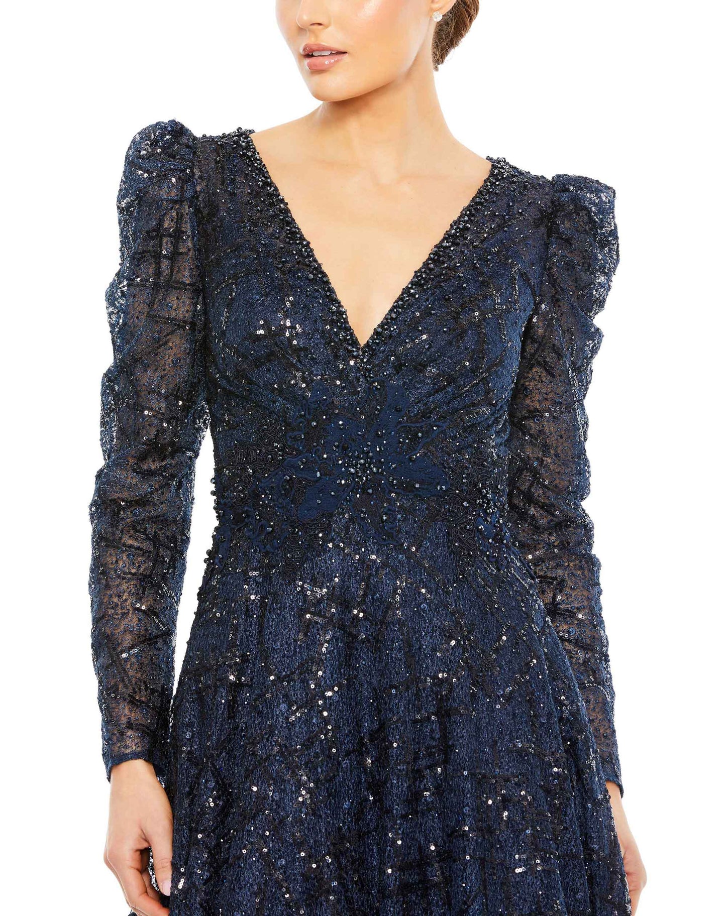 Embellished V Neck Long Sleeve A Line Gown