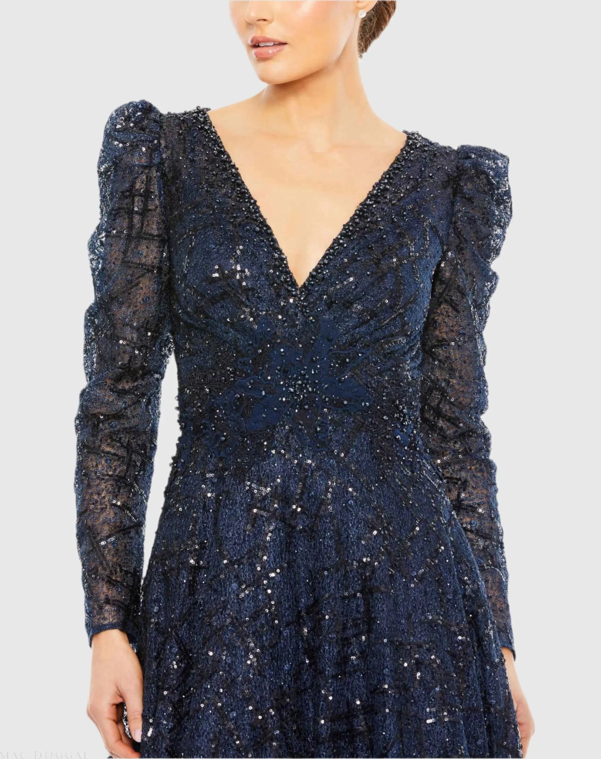 Navy Embellished V Neck Long Sleeve A Line Gown - Mac Duggal