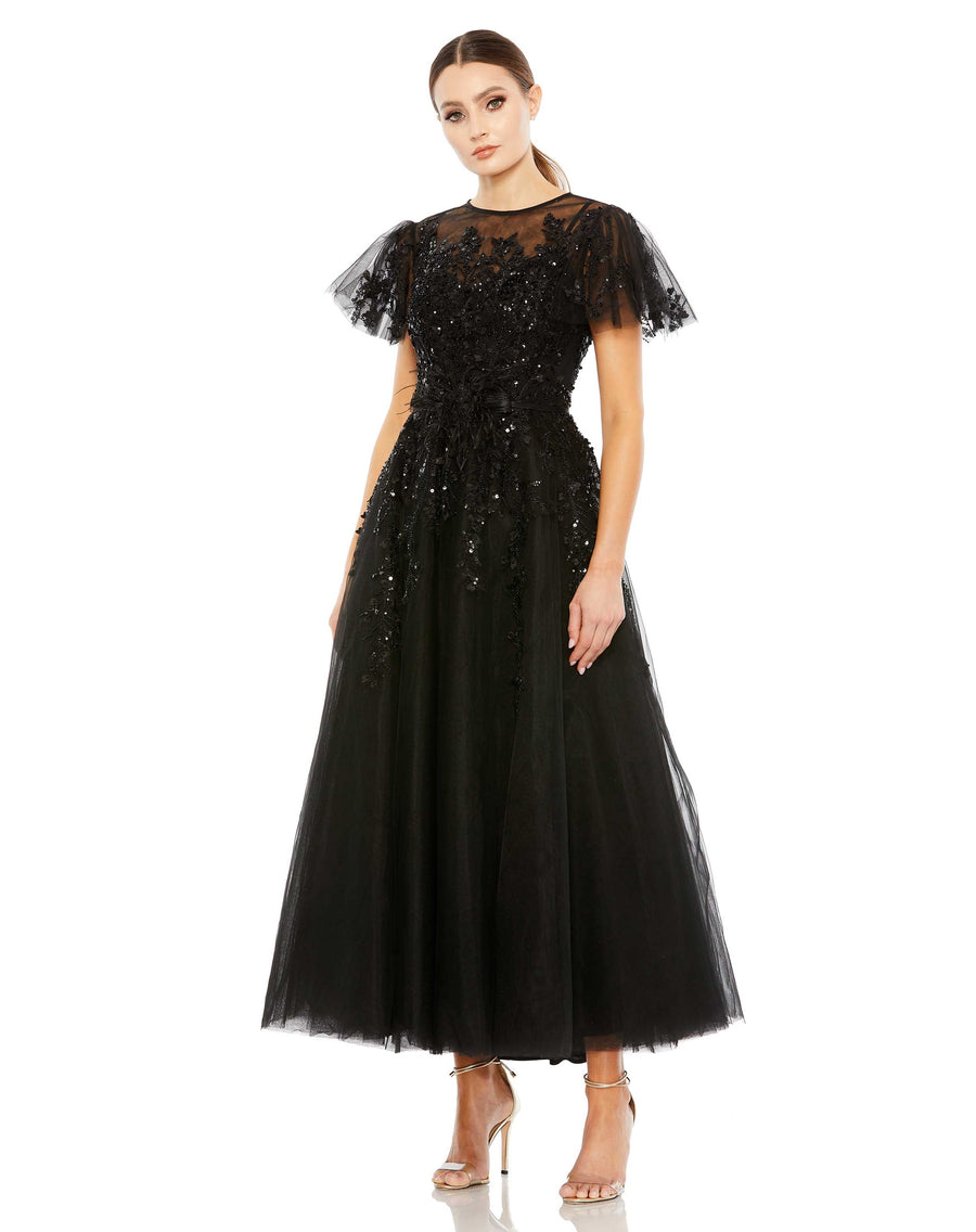 Embellished Flutter Sleeve Bow Waist A Line Dress – Mac Duggal