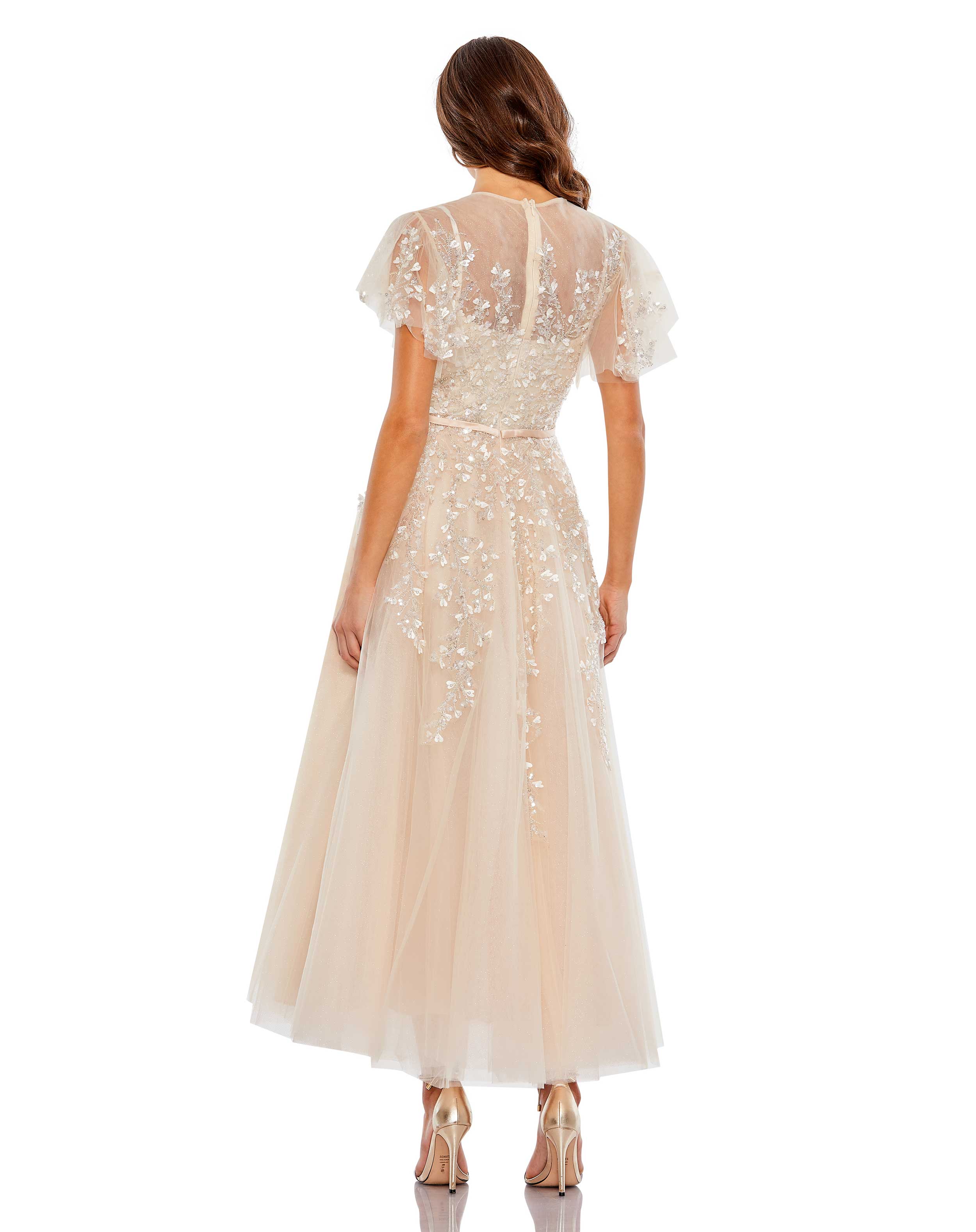 Embellished Flutter Sleeve Bow Waist A Line Dress