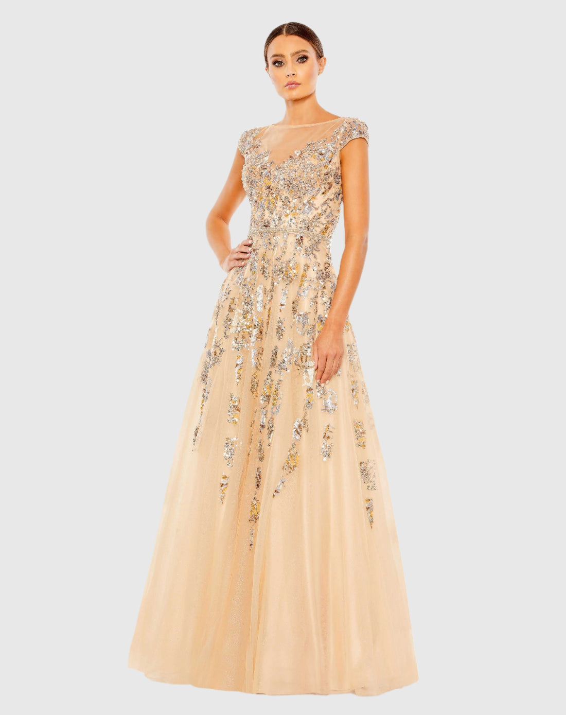 Embellished Cap Sleeve Cutout Back Gown