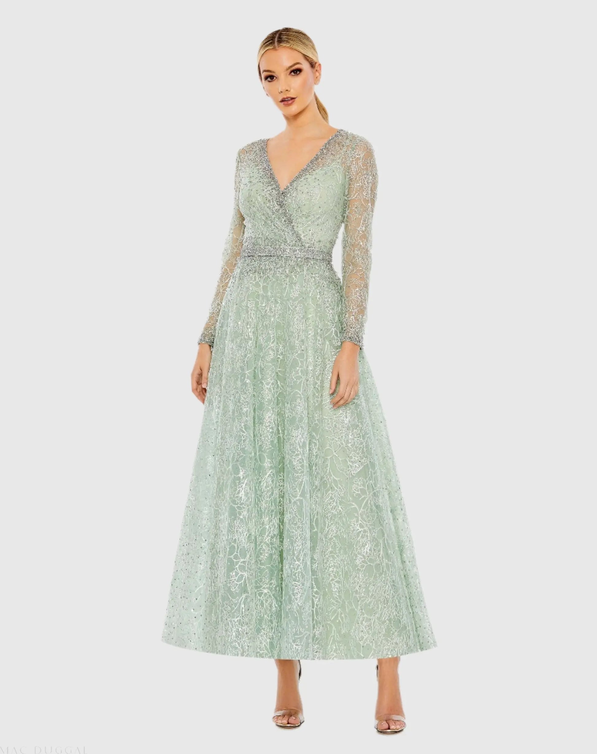Green Embellished Wrap Over Long Sleeve Midi Dress - Mac Duggal