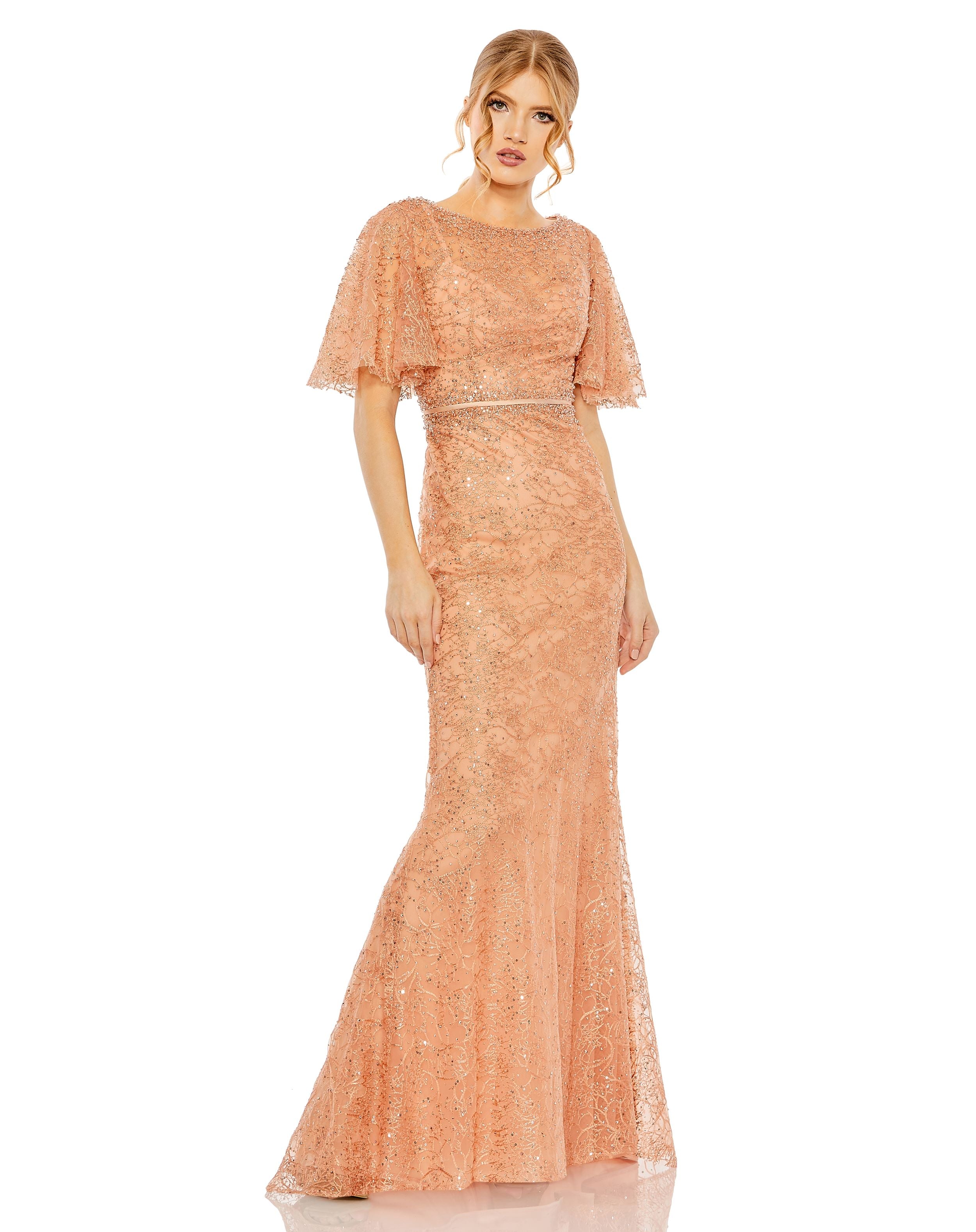 Embellished Neck Butterfly Sleeve Trumpet Gown
